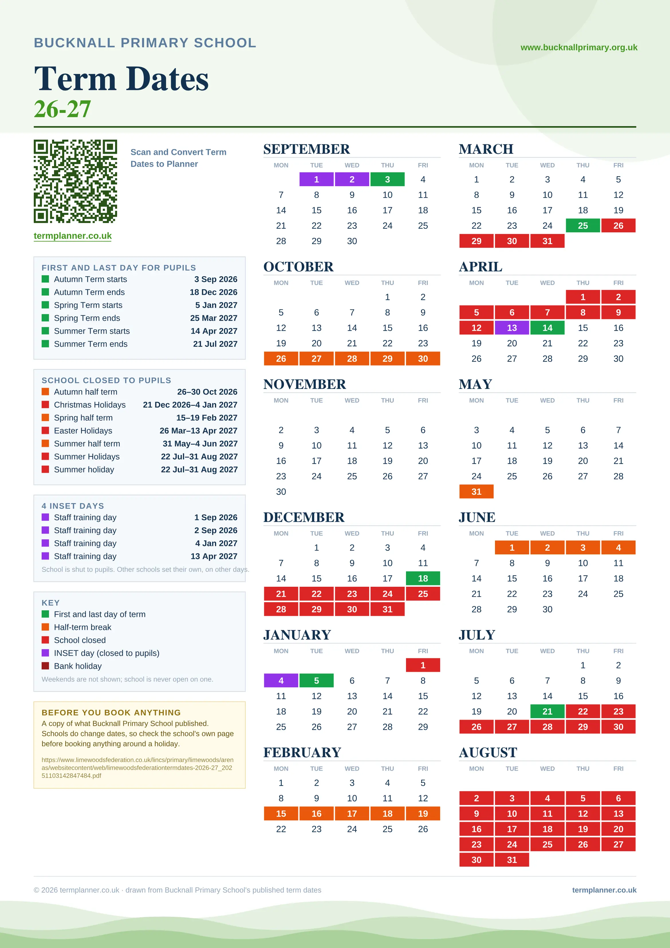 Bucknall Primary School’s 2026/27 school year drawn as one sheet: twelve month grids from September to August, Monday to Friday, with autumn term 3 September to 18 December 2026, spring term 5 January to 25 March 2027, summer term 14 April to 21 July 2027. Half terms, holidays and bank holidays are filled in colour, the first and last day of each term is marked, 4 INSET days are picked out, and every date is listed again in words down the left.