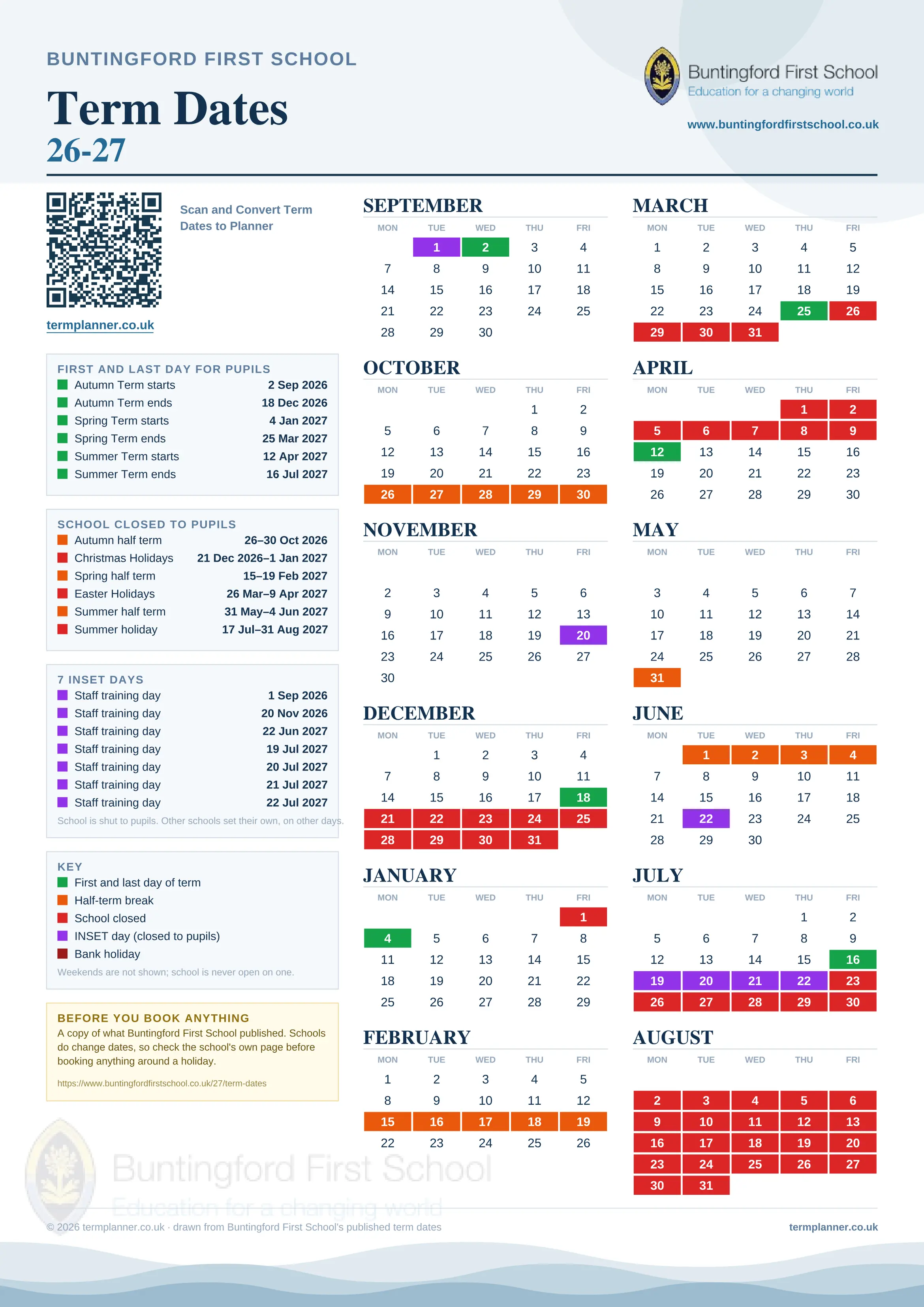 Buntingford First School’s 2026/27 school year drawn as one sheet: twelve month grids from September to August, Monday to Friday, with autumn term 2 September to 18 December 2026, spring term 4 January to 25 March 2027, summer term 12 April to 16 July 2027. Half terms, holidays and bank holidays are filled in colour, the first and last day of each term is marked, 7 INSET days are picked out, and every date is listed again in words down the left.