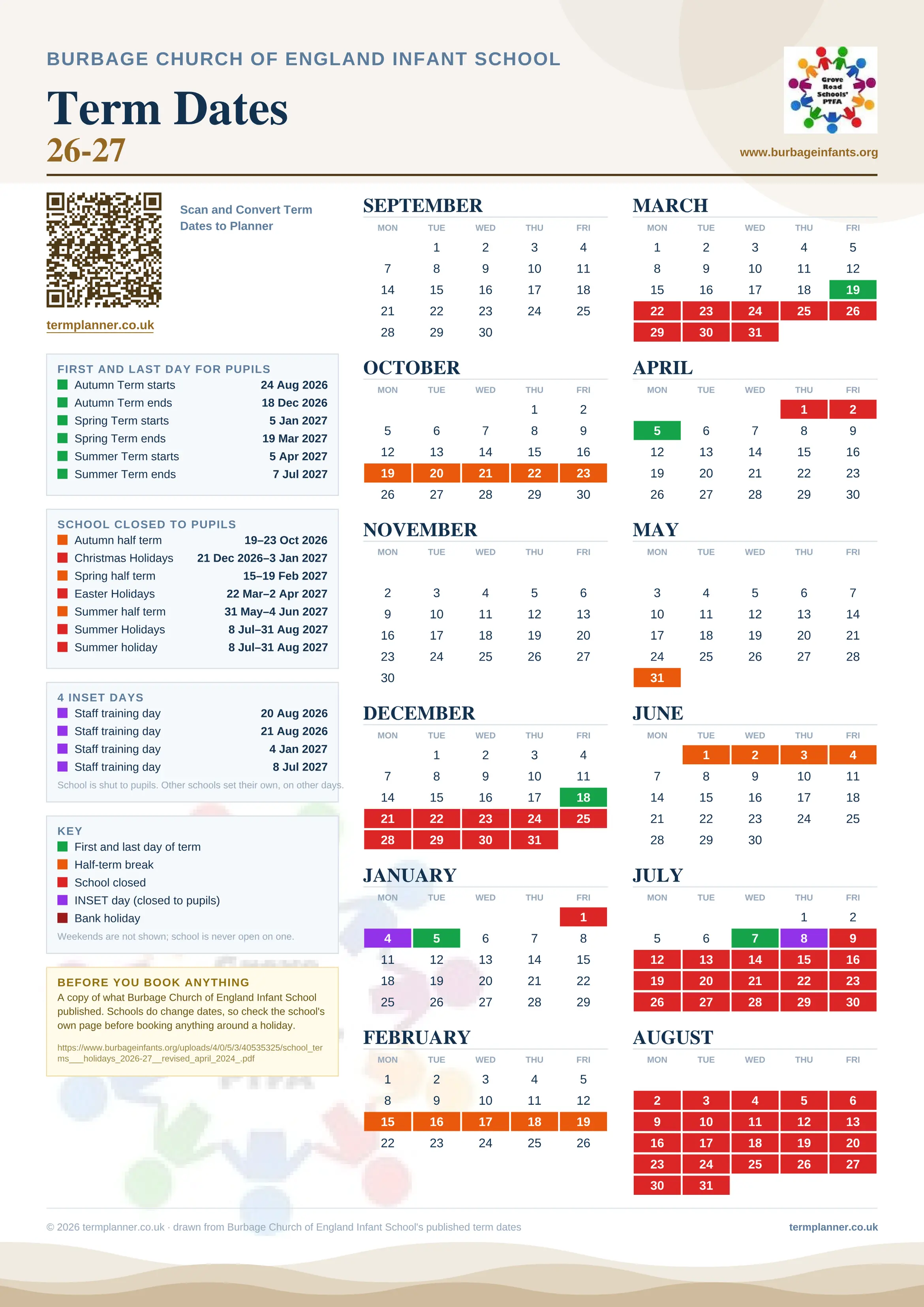 Burbage Church of England Infant School’s 2026/27 school year drawn as one sheet: twelve month grids from September to August, Monday to Friday, with autumn term 24 August to 18 December 2026, spring term 5 January to 19 March 2027, summer term 5 April to 7 July 2027. Half terms, holidays and bank holidays are filled in colour, the first and last day of each term is marked, 4 INSET days are picked out, and every date is listed again in words down the left.