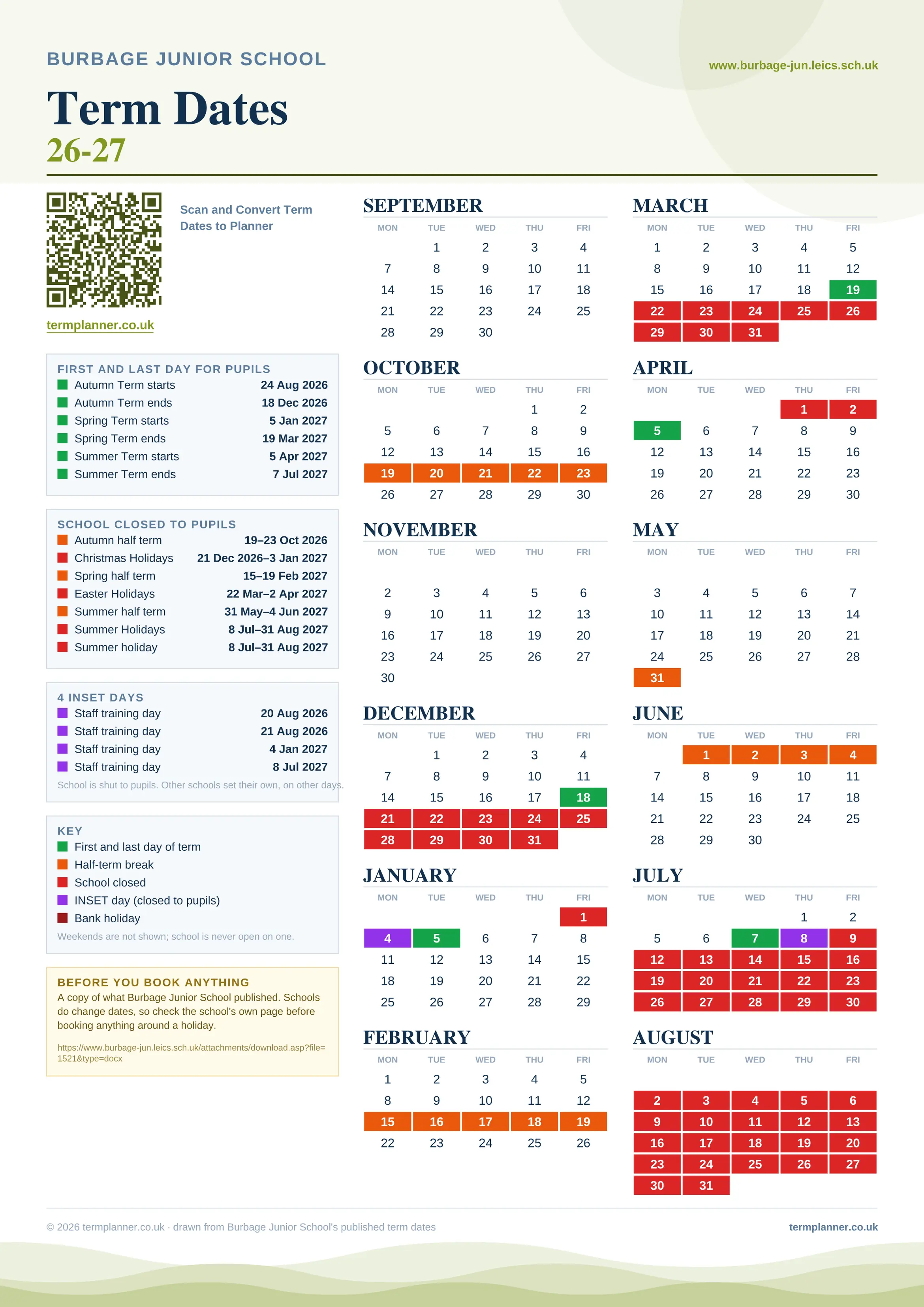 Burbage Junior School’s 2026/27 school year drawn as one sheet: twelve month grids from September to August, Monday to Friday, with autumn term 24 August to 18 December 2026, spring term 5 January to 19 March 2027, summer term 5 April to 7 July 2027. Half terms, holidays and bank holidays are filled in colour, the first and last day of each term is marked, 4 INSET days are picked out, and every date is listed again in words down the left.