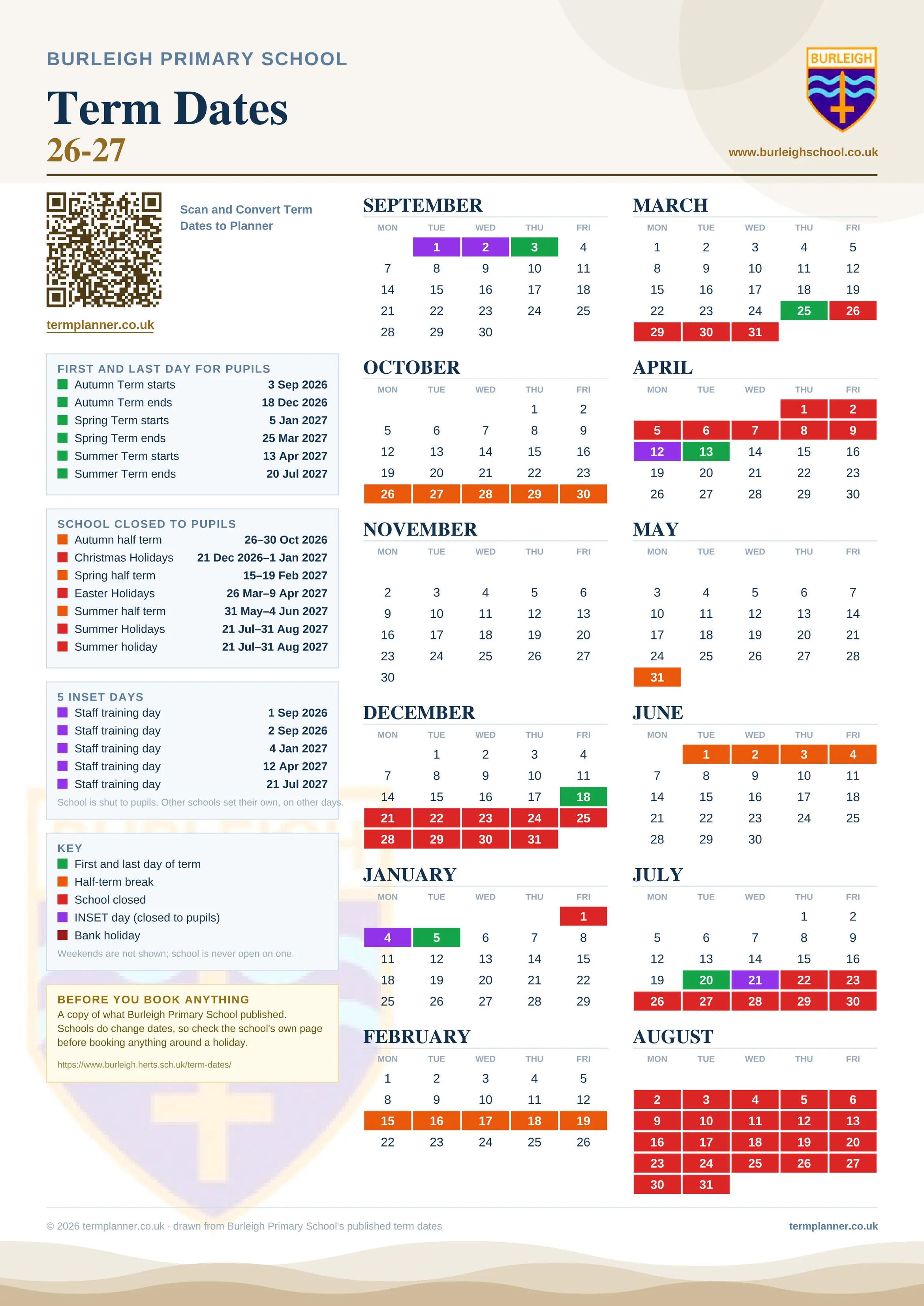Burleigh Primary School’s 2026/27 school year drawn as one sheet: twelve month grids from September to August, Monday to Friday, with autumn term 3 September to 18 December 2026, spring term 5 January to 25 March 2027, summer term 13 April to 20 July 2027. Half terms, holidays and bank holidays are filled in colour, the first and last day of each term is marked, 5 INSET days are picked out, and every date is listed again in words down the left.