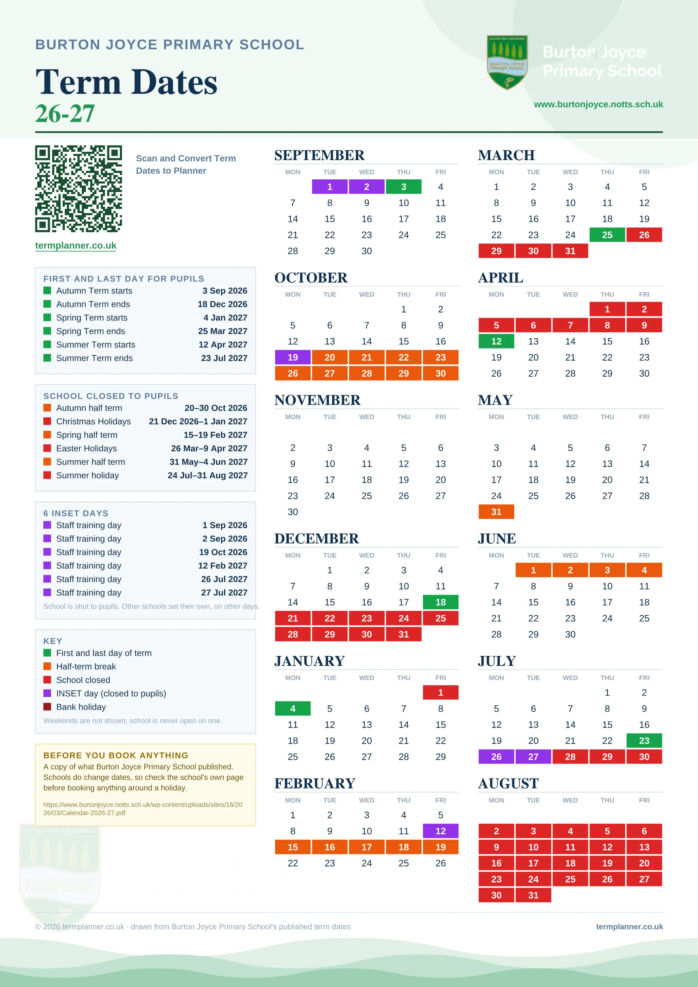 Burton Joyce Primary School’s 2026/27 school year drawn as one sheet: twelve month grids from September to August, Monday to Friday, with autumn term 3 September to 18 December 2026, spring term 4 January to 25 March 2027, summer term 12 April to 23 July 2027. Half terms, holidays and bank holidays are filled in colour, the first and last day of each term is marked, 6 INSET days are picked out, and every date is listed again in words down the left.
