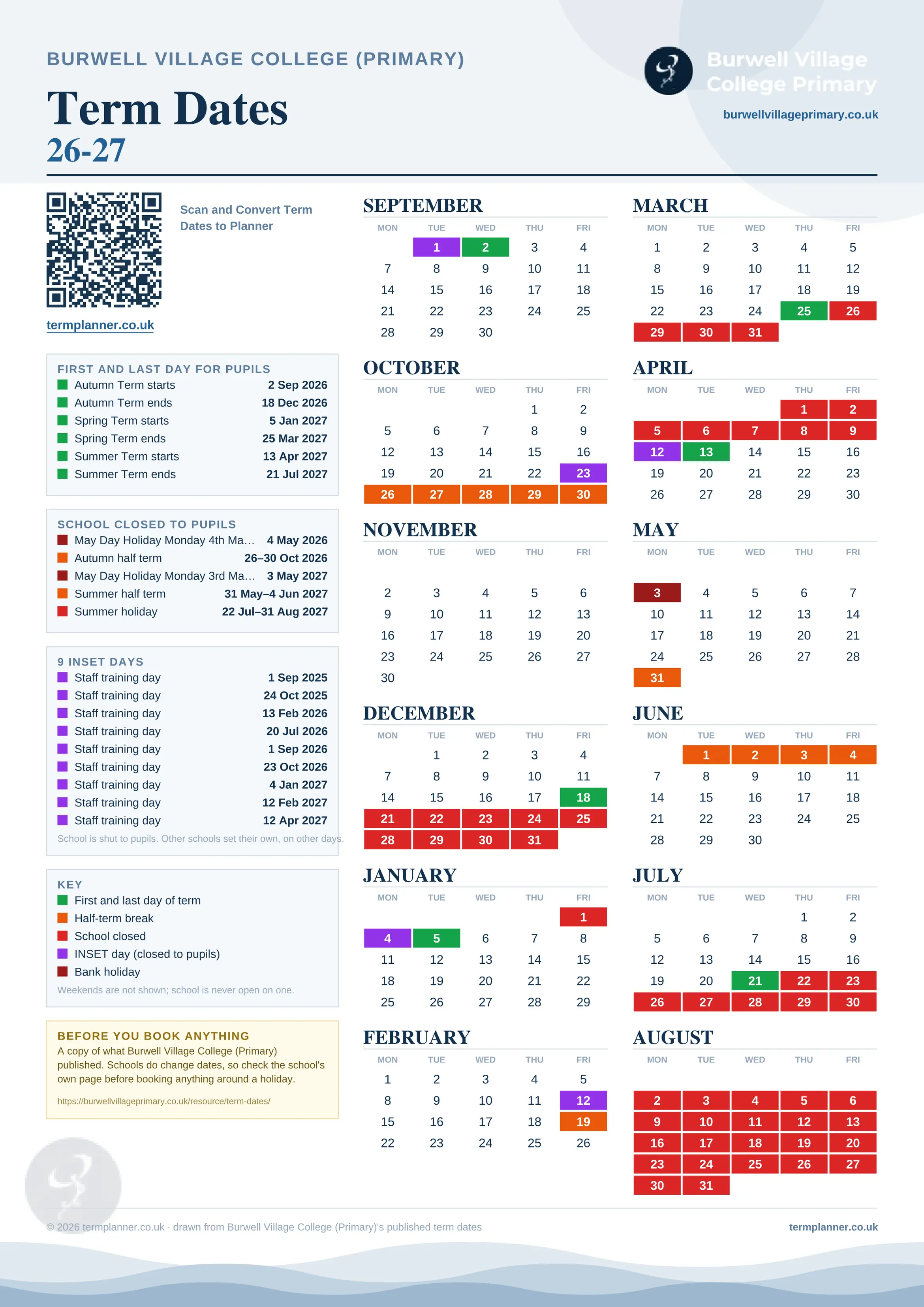 Burwell Village College (Primary)’s 2026/27 school year drawn as one sheet: twelve month grids from September to August, Monday to Friday, with autumn term 2 September to 18 December 2026, spring term 5 January to 25 March 2027, summer term 13 April to 21 July 2027. Half terms, holidays and bank holidays are filled in colour, the first and last day of each term is marked, 9 INSET days are picked out, and every date is listed again in words down the left.