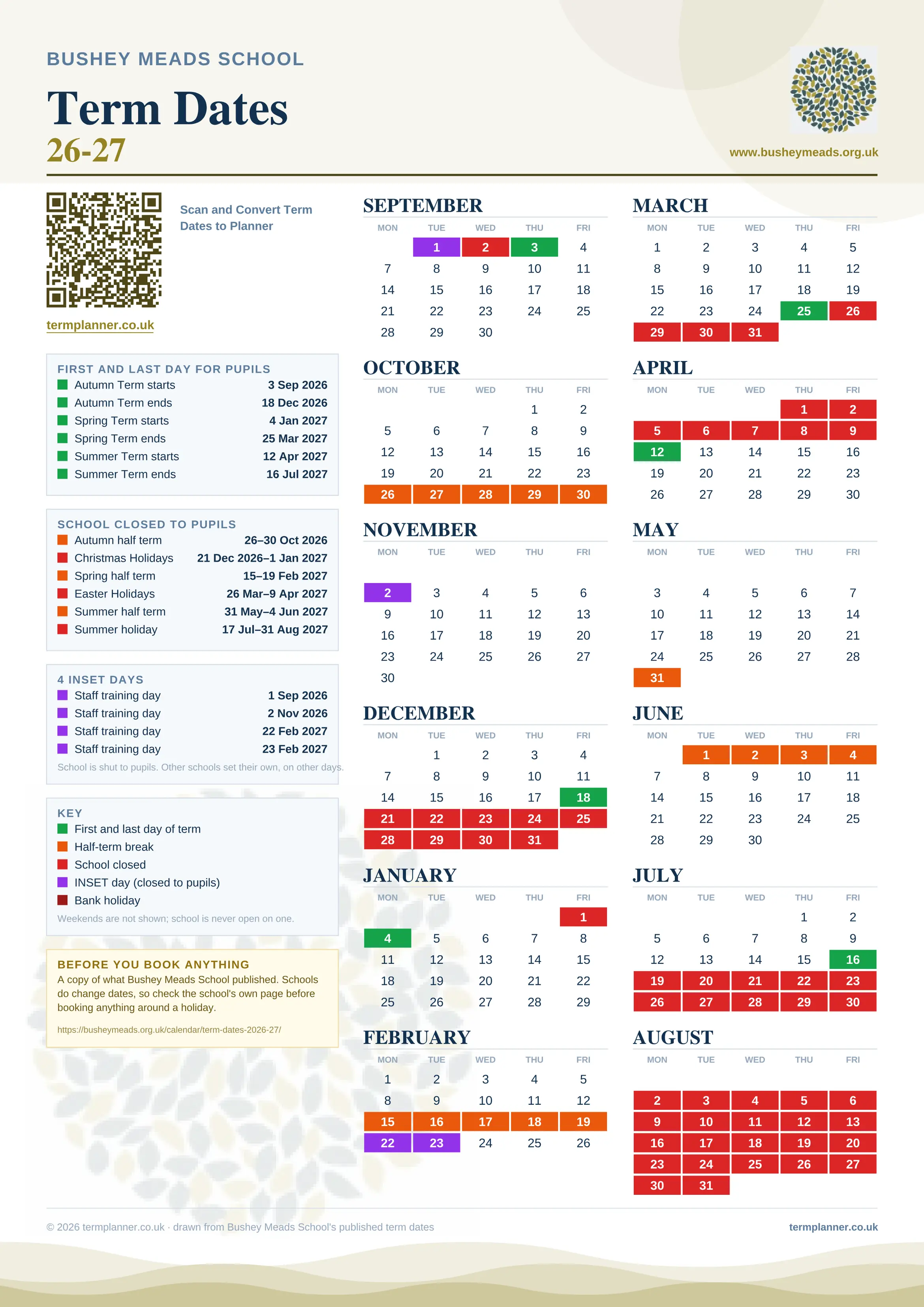 Bushey Meads School’s 2026/27 school year drawn as one sheet: twelve month grids from September to August, Monday to Friday, with autumn term 3 September to 18 December 2026, spring term 4 January to 25 March 2027, summer term 12 April to 16 July 2027. Half terms, holidays and bank holidays are filled in colour, the first and last day of each term is marked, 4 INSET days are picked out, and every date is listed again in words down the left.