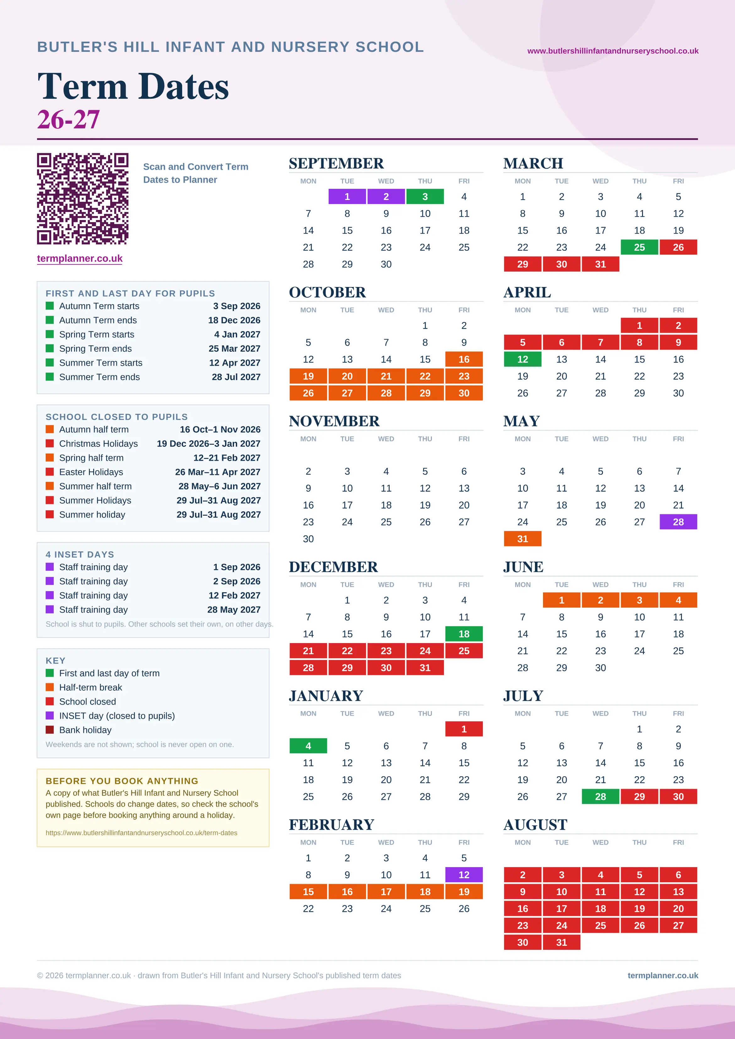 Butler's Hill Infant and Nursery School’s 2026/27 school year drawn as one sheet: twelve month grids from September to August, Monday to Friday, with autumn term 3 September to 18 December 2026, spring term 4 January to 25 March 2027, summer term 12 April to 28 July 2027. Half terms, holidays and bank holidays are filled in colour, the first and last day of each term is marked, 4 INSET days are picked out, and every date is listed again in words down the left.