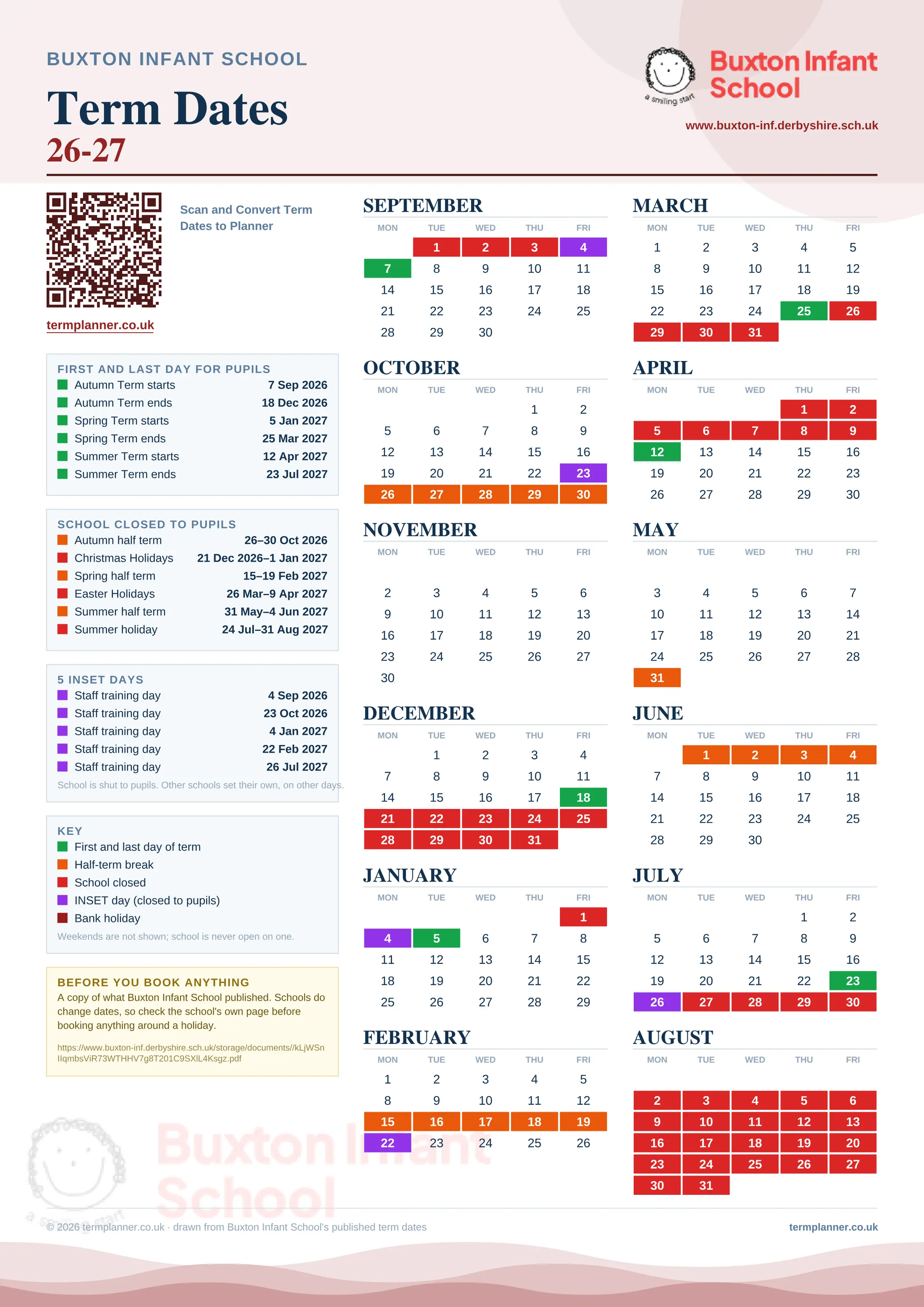 Buxton Infant School’s 2026/27 school year drawn as one sheet: twelve month grids from September to August, Monday to Friday, with autumn term 7 September to 18 December 2026, spring term 5 January to 25 March 2027, summer term 12 April to 23 July 2027. Half terms, holidays and bank holidays are filled in colour, the first and last day of each term is marked, 5 INSET days are picked out, and every date is listed again in words down the left.