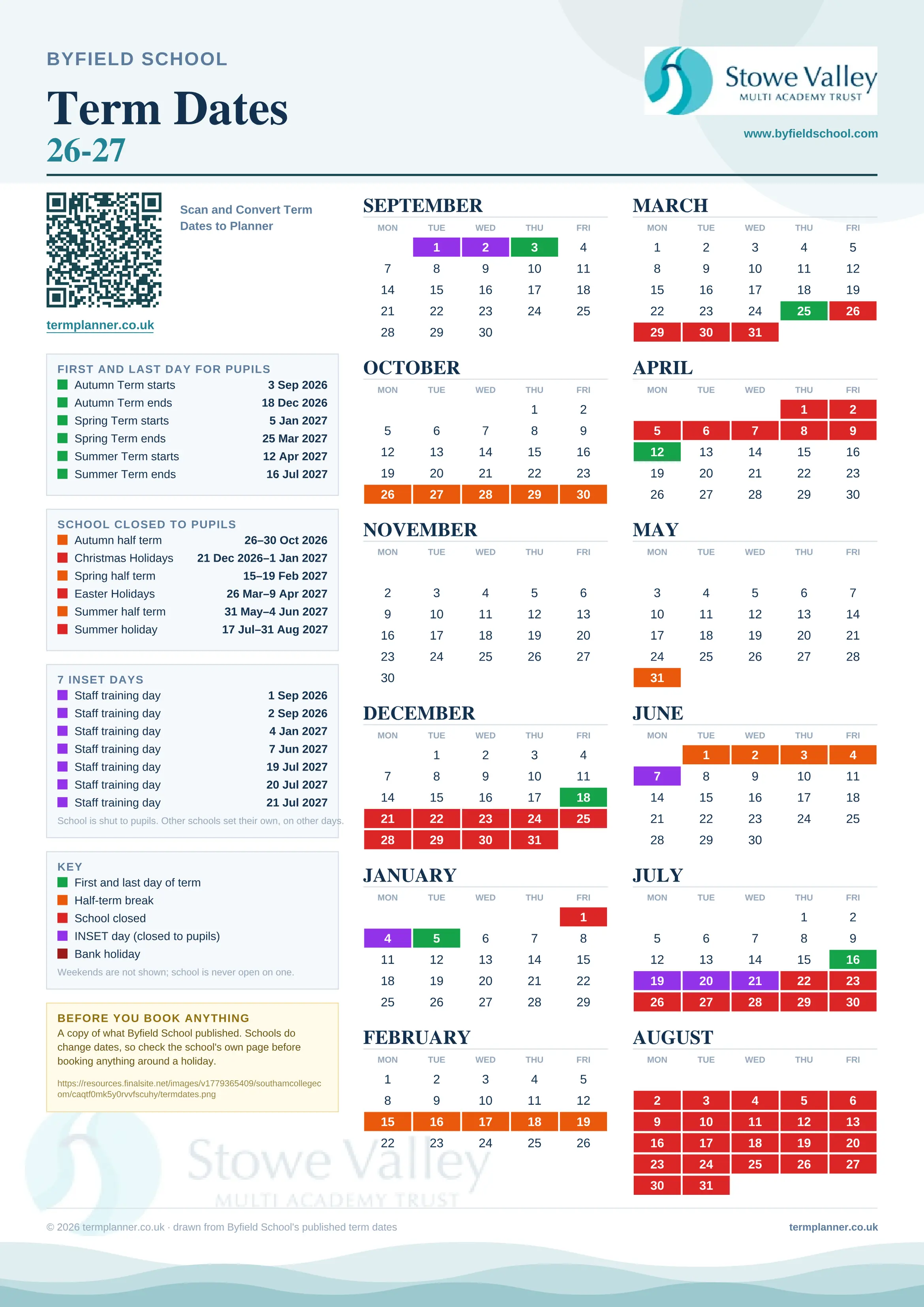 Byfield School’s 2026/27 school year drawn as one sheet: twelve month grids from September to August, Monday to Friday, with autumn term 3 September to 18 December 2026, spring term 5 January to 25 March 2027, summer term 12 April to 16 July 2027. Half terms, holidays and bank holidays are filled in colour, the first and last day of each term is marked, 7 INSET days are picked out, and every date is listed again in words down the left.