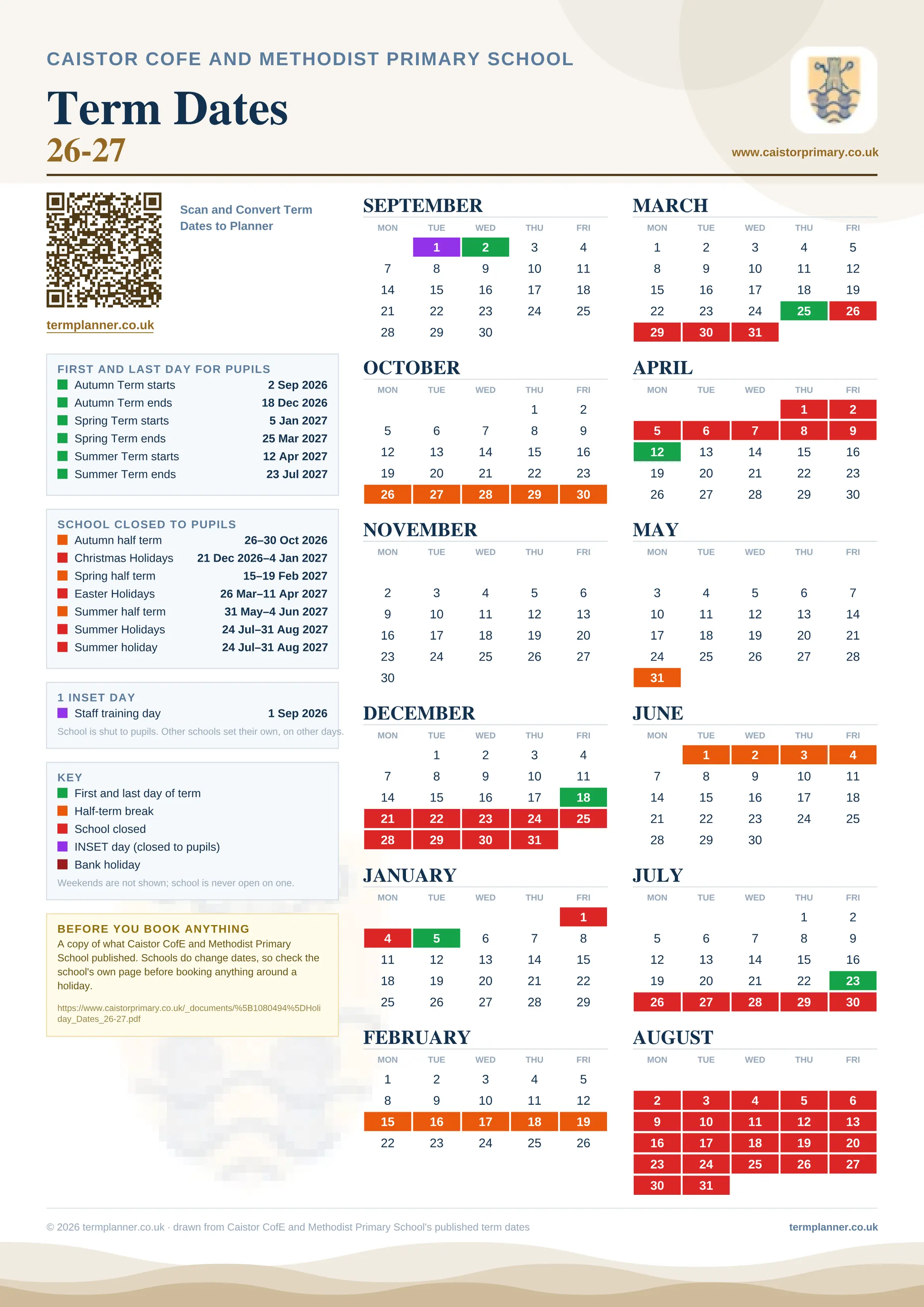 Caistor CofE and Methodist Primary School’s 2026/27 school year drawn as one sheet: twelve month grids from September to August, Monday to Friday, with autumn term 2 September to 18 December 2026, spring term 5 January to 25 March 2027, summer term 12 April to 23 July 2027. Half terms, holidays and bank holidays are filled in colour, the first and last day of each term is marked, 1 INSET day is picked out, and every date is listed again in words down the left.
