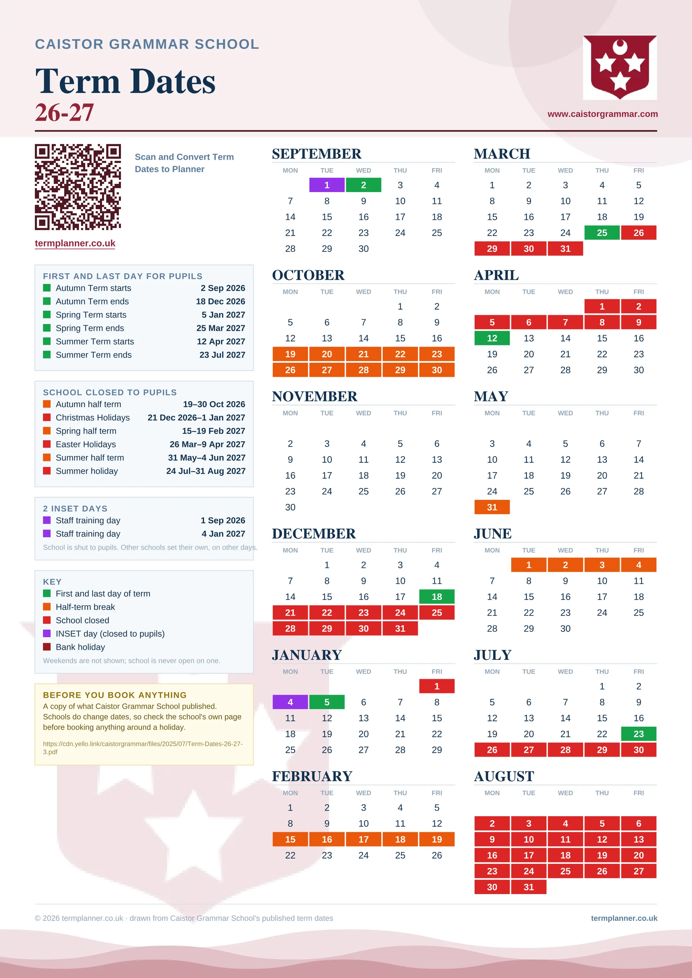 Caistor Grammar School’s 2026/27 school year drawn as one sheet: twelve month grids from September to August, Monday to Friday, with autumn term 2 September to 18 December 2026, spring term 5 January to 25 March 2027, summer term 12 April to 23 July 2027. Half terms, holidays and bank holidays are filled in colour, the first and last day of each term is marked, 2 INSET days are picked out, and every date is listed again in words down the left.