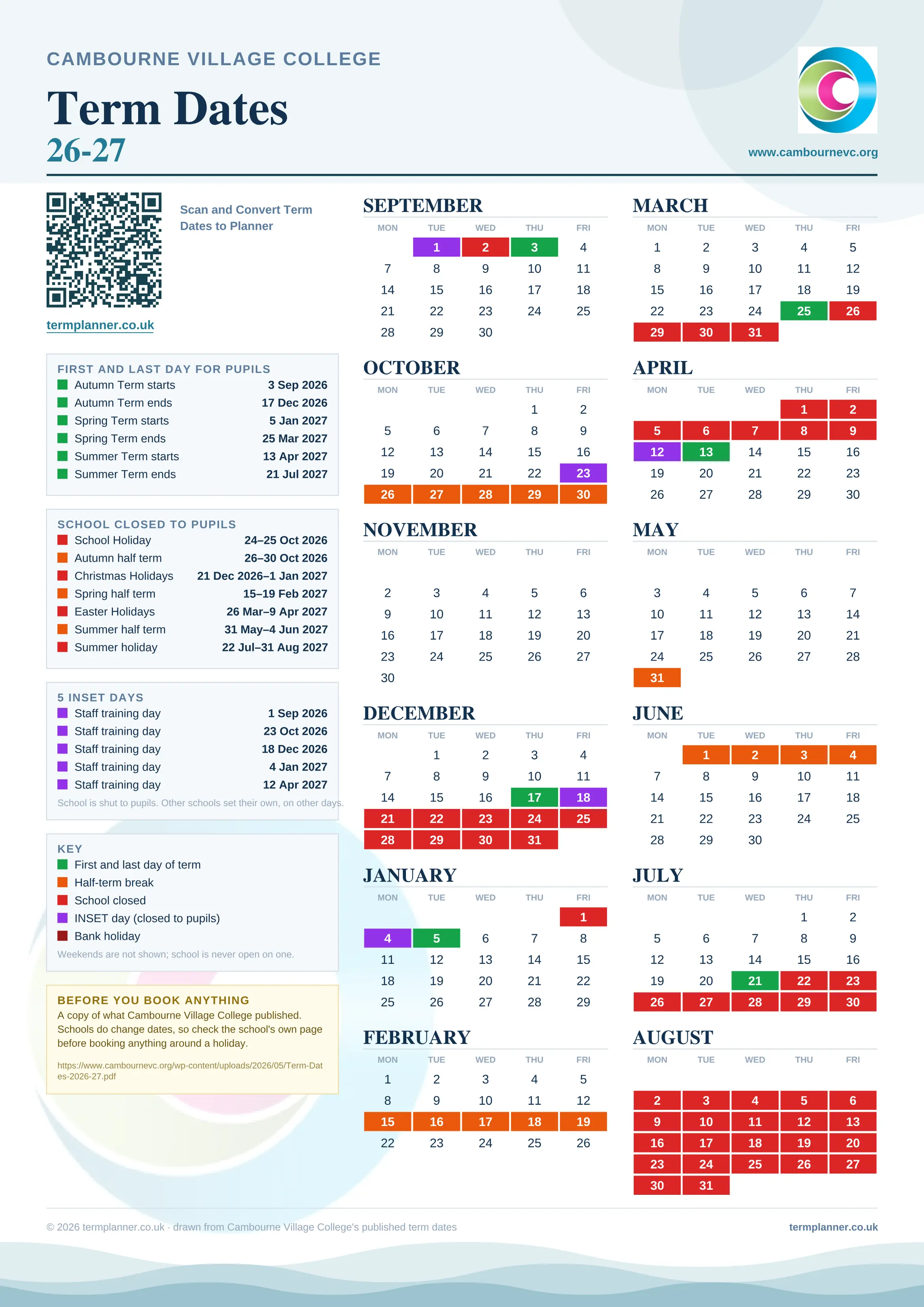Cambourne Village College’s 2026/27 school year drawn as one sheet: twelve month grids from September to August, Monday to Friday, with autumn term 3 September to 17 December 2026, spring term 5 January to 25 March 2027, summer term 13 April to 21 July 2027. Half terms, holidays and bank holidays are filled in colour, the first and last day of each term is marked, 5 INSET days are picked out, and every date is listed again in words down the left.