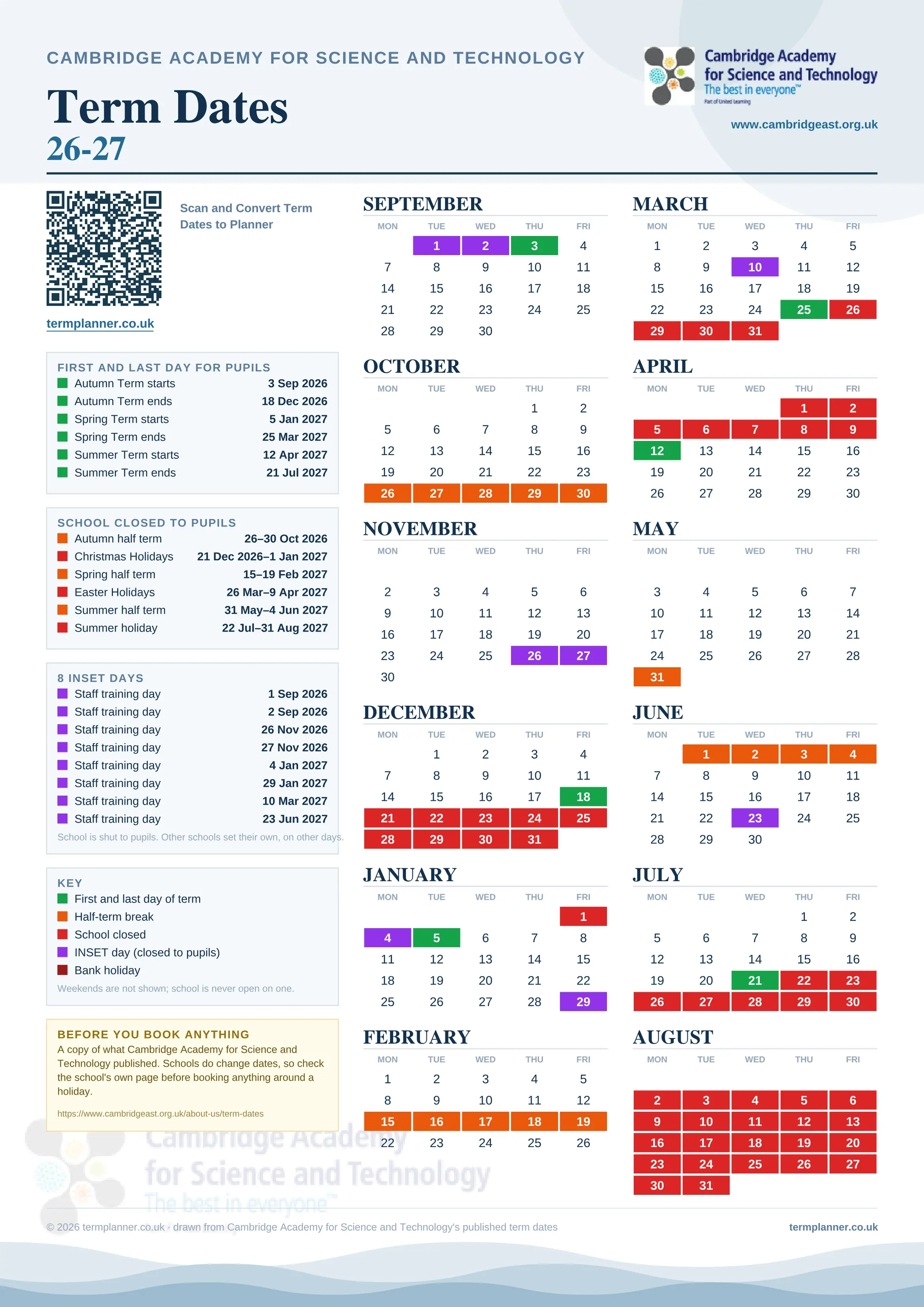 Cambridge Academy for Science and Technology’s 2026/27 school year drawn as one sheet: twelve month grids from September to August, Monday to Friday, with autumn term 3 September to 18 December 2026, spring term 5 January to 25 March 2027, summer term 12 April to 21 July 2027. Half terms, holidays and bank holidays are filled in colour, the first and last day of each term is marked, 8 INSET days are picked out, and every date is listed again in words down the left.