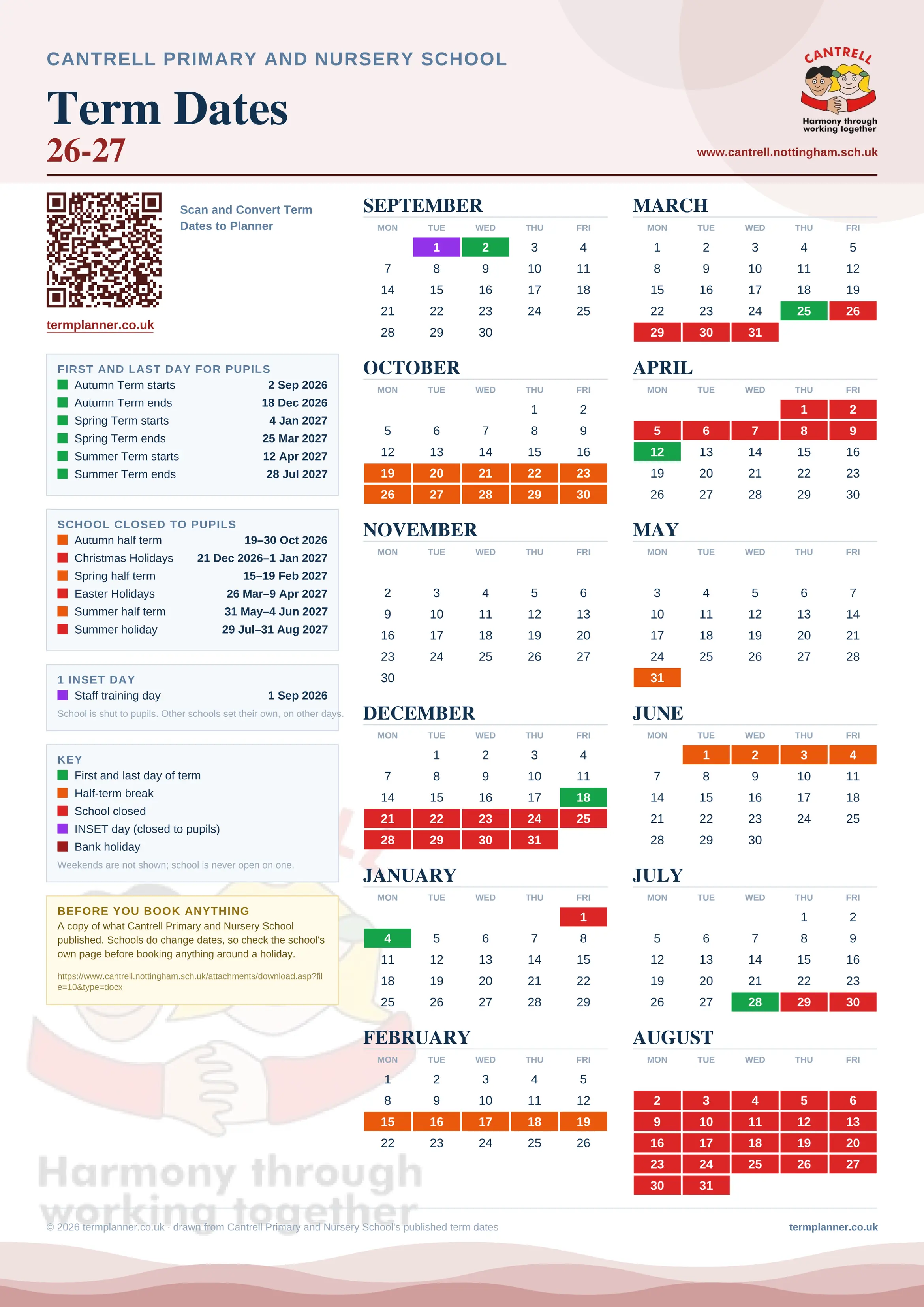 Cantrell Primary and Nursery School’s 2026/27 school year drawn as one sheet: twelve month grids from September to August, Monday to Friday, with autumn term 2 September to 18 December 2026, spring term 4 January to 25 March 2027, summer term 12 April to 28 July 2027. Half terms, holidays and bank holidays are filled in colour, the first and last day of each term is marked, 1 INSET day is picked out, and every date is listed again in words down the left.