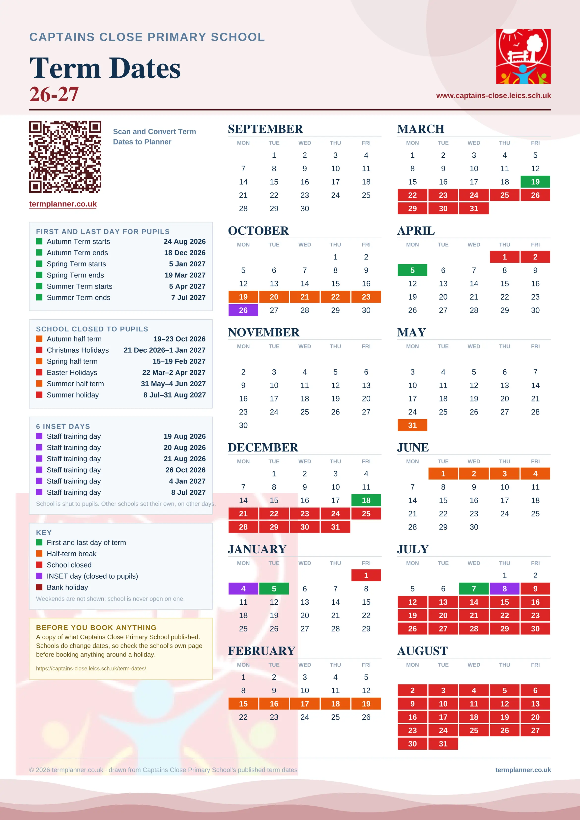 Captains Close Primary School’s 2026/27 school year drawn as one sheet: twelve month grids from September to August, Monday to Friday, with autumn term 24 August to 18 December 2026, spring term 5 January to 19 March 2027, summer term 5 April to 7 July 2027. Half terms, holidays and bank holidays are filled in colour, the first and last day of each term is marked, 6 INSET days are picked out, and every date is listed again in words down the left.