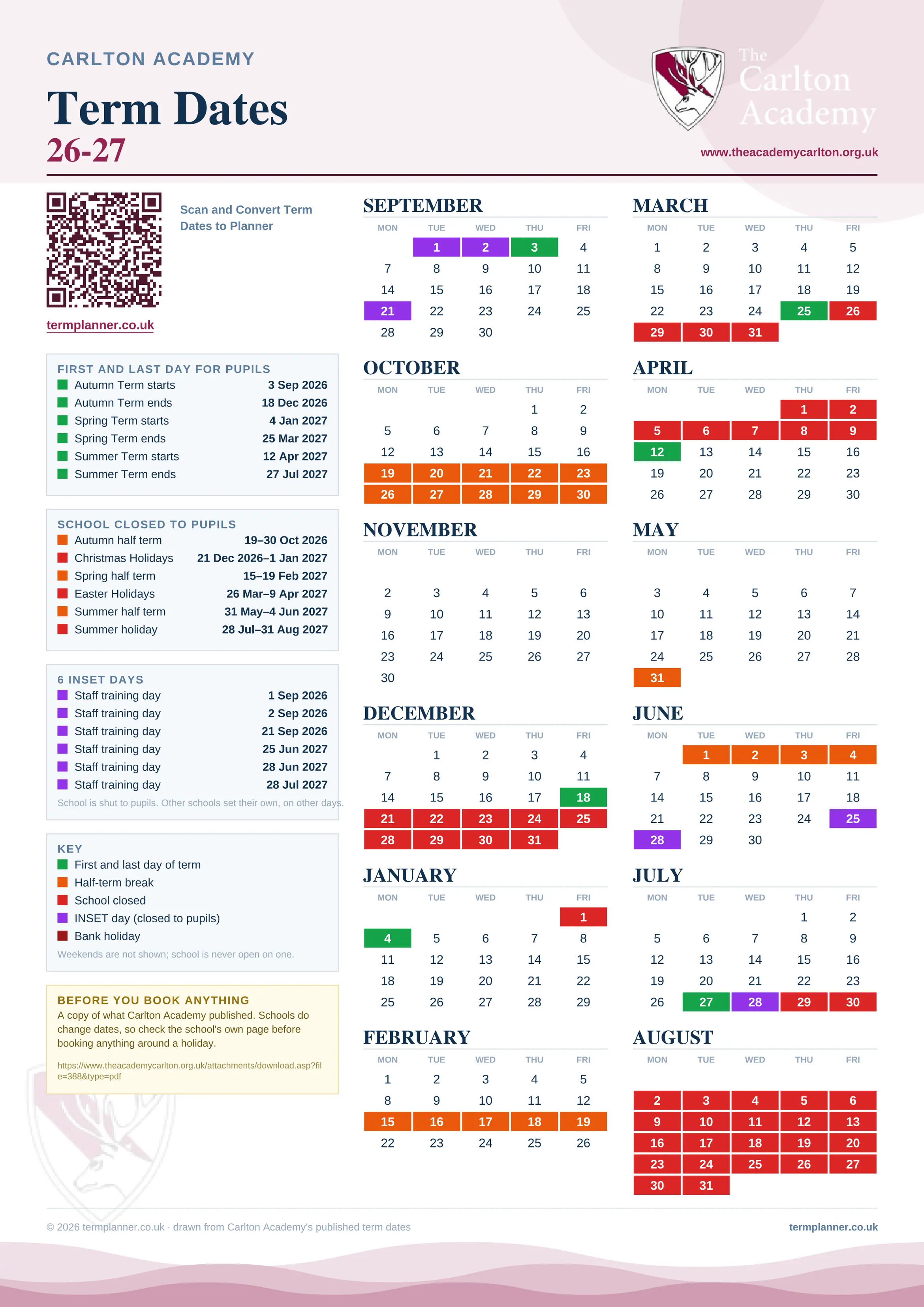 Carlton Academy’s 2026/27 school year drawn as one sheet: twelve month grids from September to August, Monday to Friday, with autumn term 3 September to 18 December 2026, spring term 4 January to 25 March 2027, summer term 12 April to 27 July 2027. Half terms, holidays and bank holidays are filled in colour, the first and last day of each term is marked, 6 INSET days are picked out, and every date is listed again in words down the left.