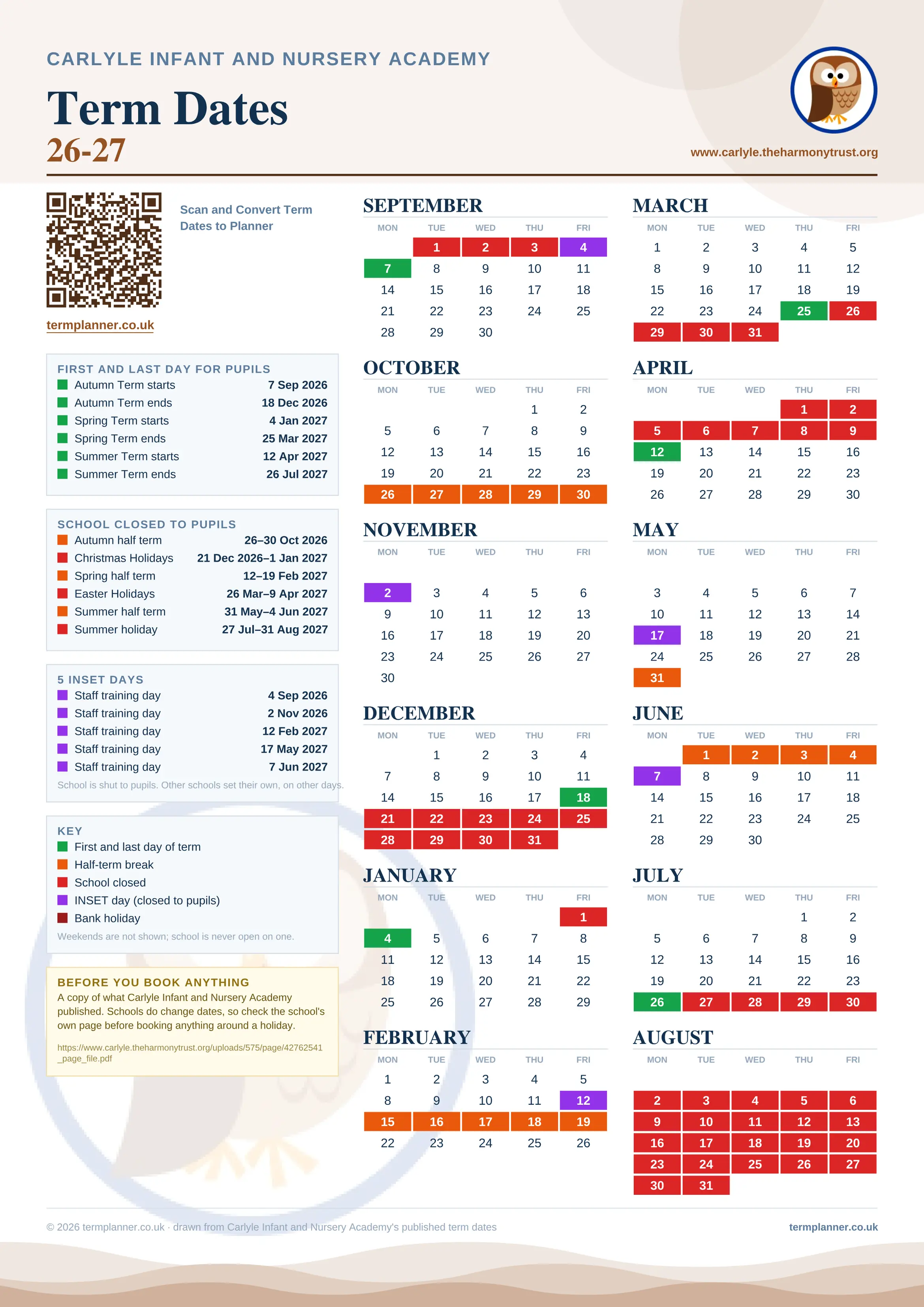 Carlyle Infant and Nursery Academy’s 2026/27 school year drawn as one sheet: twelve month grids from September to August, Monday to Friday, with autumn term 7 September to 18 December 2026, spring term 4 January to 25 March 2027, summer term 12 April to 26 July 2027. Half terms, holidays and bank holidays are filled in colour, the first and last day of each term is marked, 5 INSET days are picked out, and every date is listed again in words down the left.