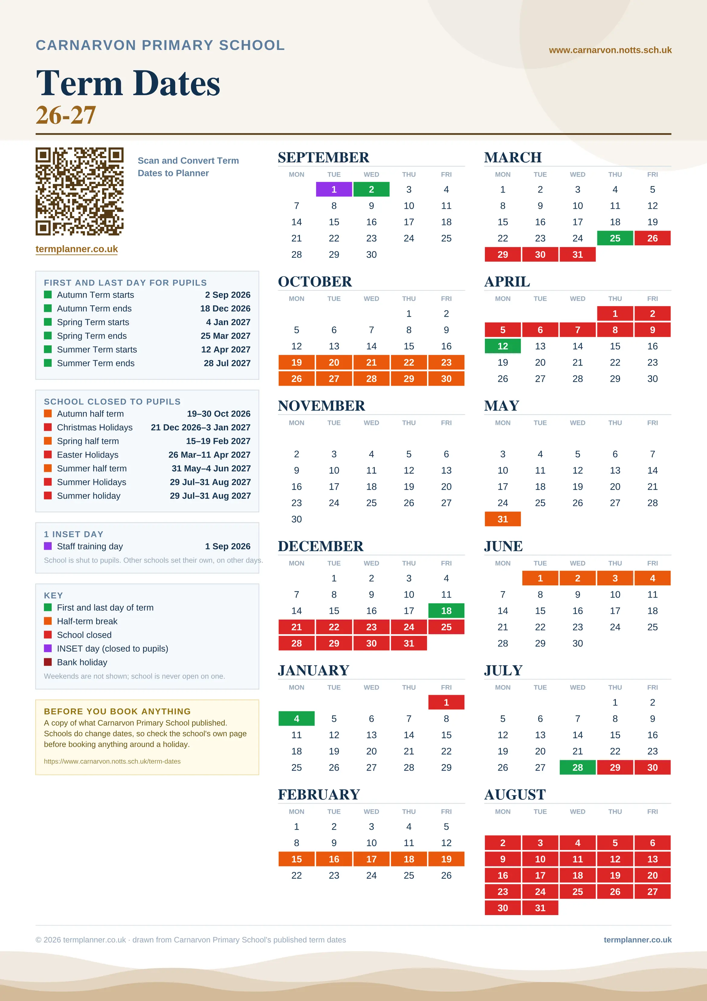 Carnarvon Primary School’s 2026/27 school year drawn as one sheet: twelve month grids from September to August, Monday to Friday, with autumn term 2 September to 18 December 2026, spring term 4 January to 25 March 2027, summer term 12 April to 28 July 2027. Half terms, holidays and bank holidays are filled in colour, the first and last day of each term is marked, 1 INSET day is picked out, and every date is listed again in words down the left.