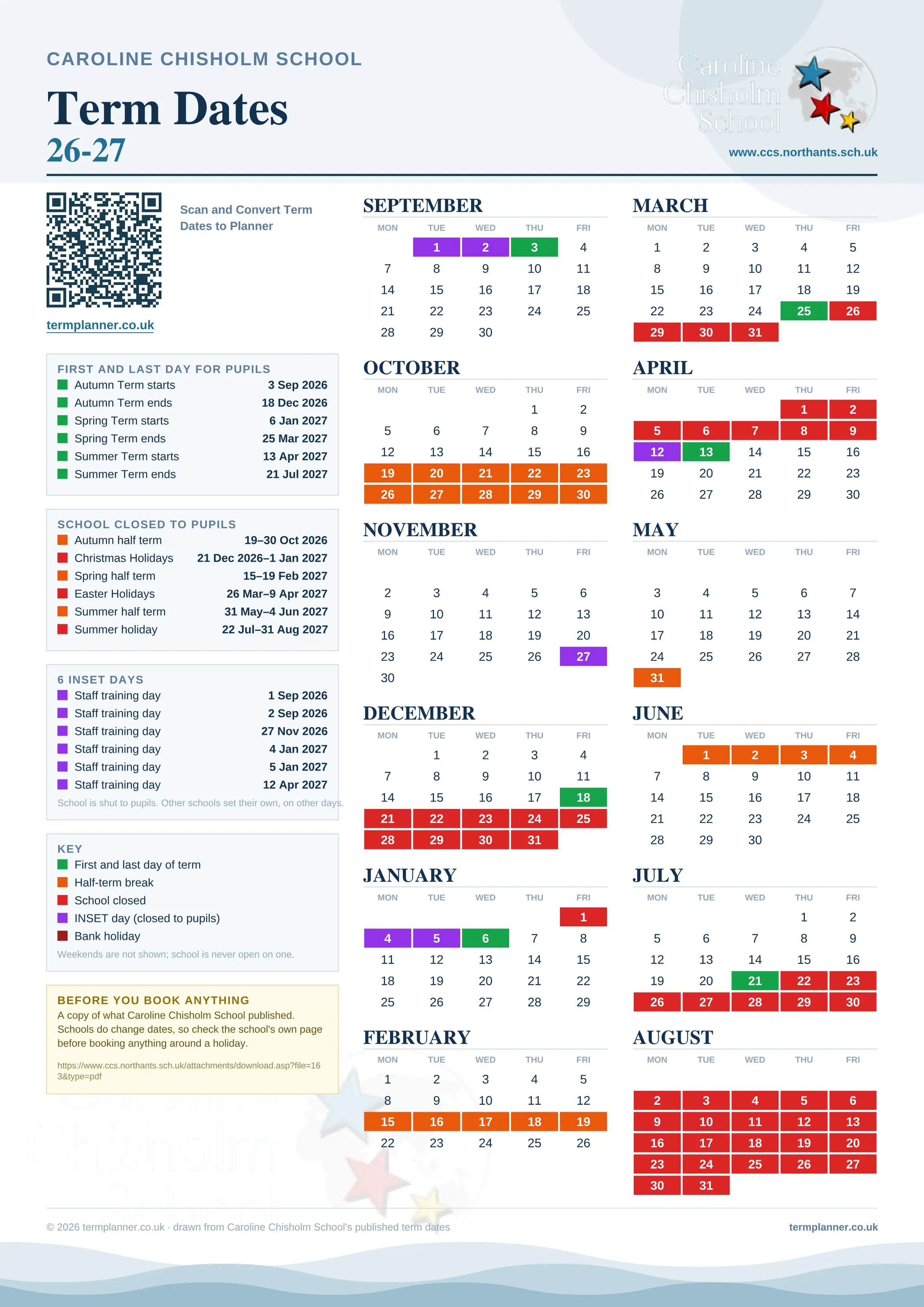 Caroline Chisholm School’s 2026/27 school year drawn as one sheet: twelve month grids from September to August, Monday to Friday, with autumn term 3 September to 18 December 2026, spring term 6 January to 25 March 2027, summer term 13 April to 21 July 2027. Half terms, holidays and bank holidays are filled in colour, the first and last day of each term is marked, 6 INSET days are picked out, and every date is listed again in words down the left.