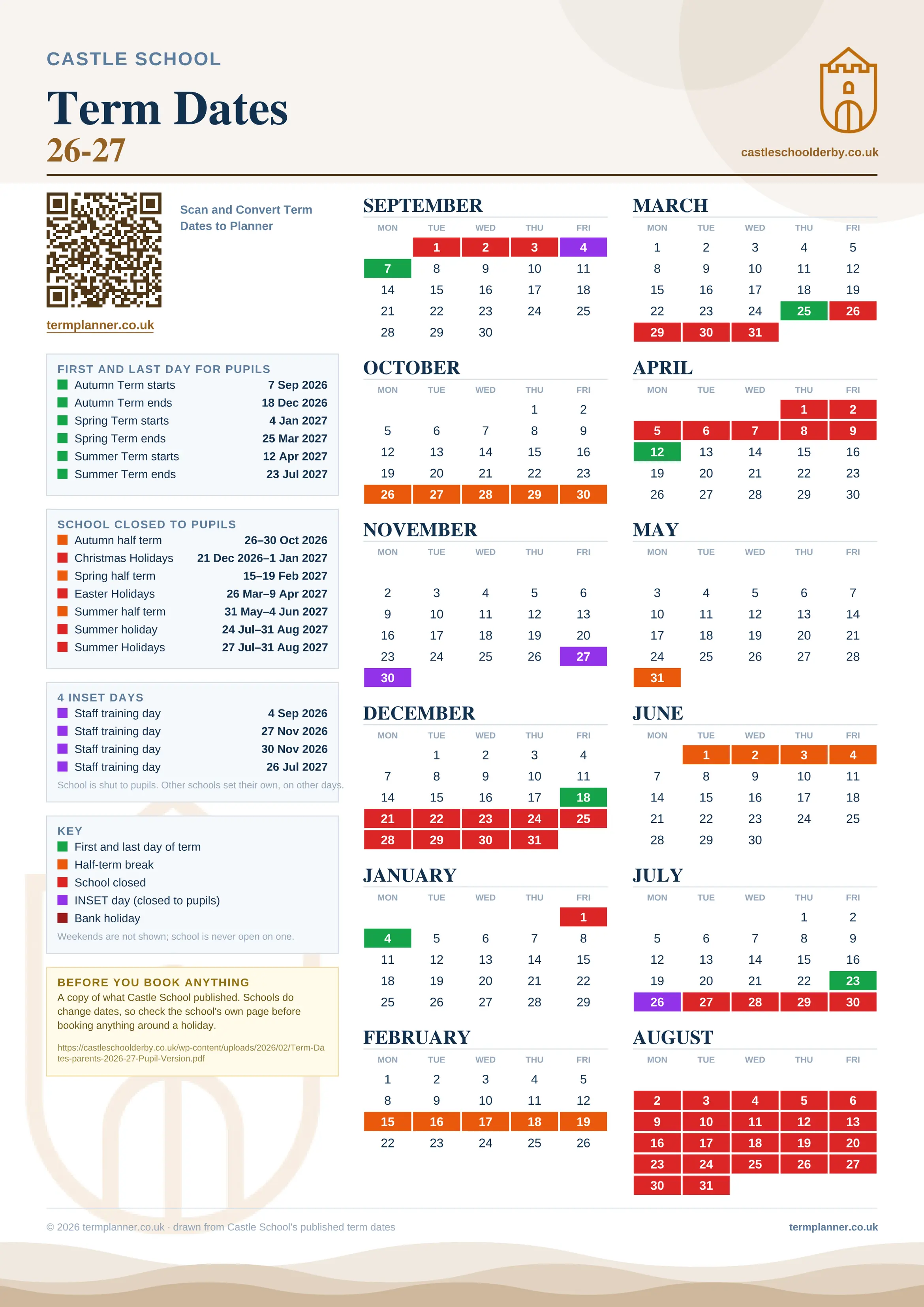 Castle School’s 2026/27 school year drawn as one sheet: twelve month grids from September to August, Monday to Friday, with autumn term 7 September to 18 December 2026, spring term 4 January to 25 March 2027, summer term 12 April to 23 July 2027. Half terms, holidays and bank holidays are filled in colour, the first and last day of each term is marked, 4 INSET days are picked out, and every date is listed again in words down the left.