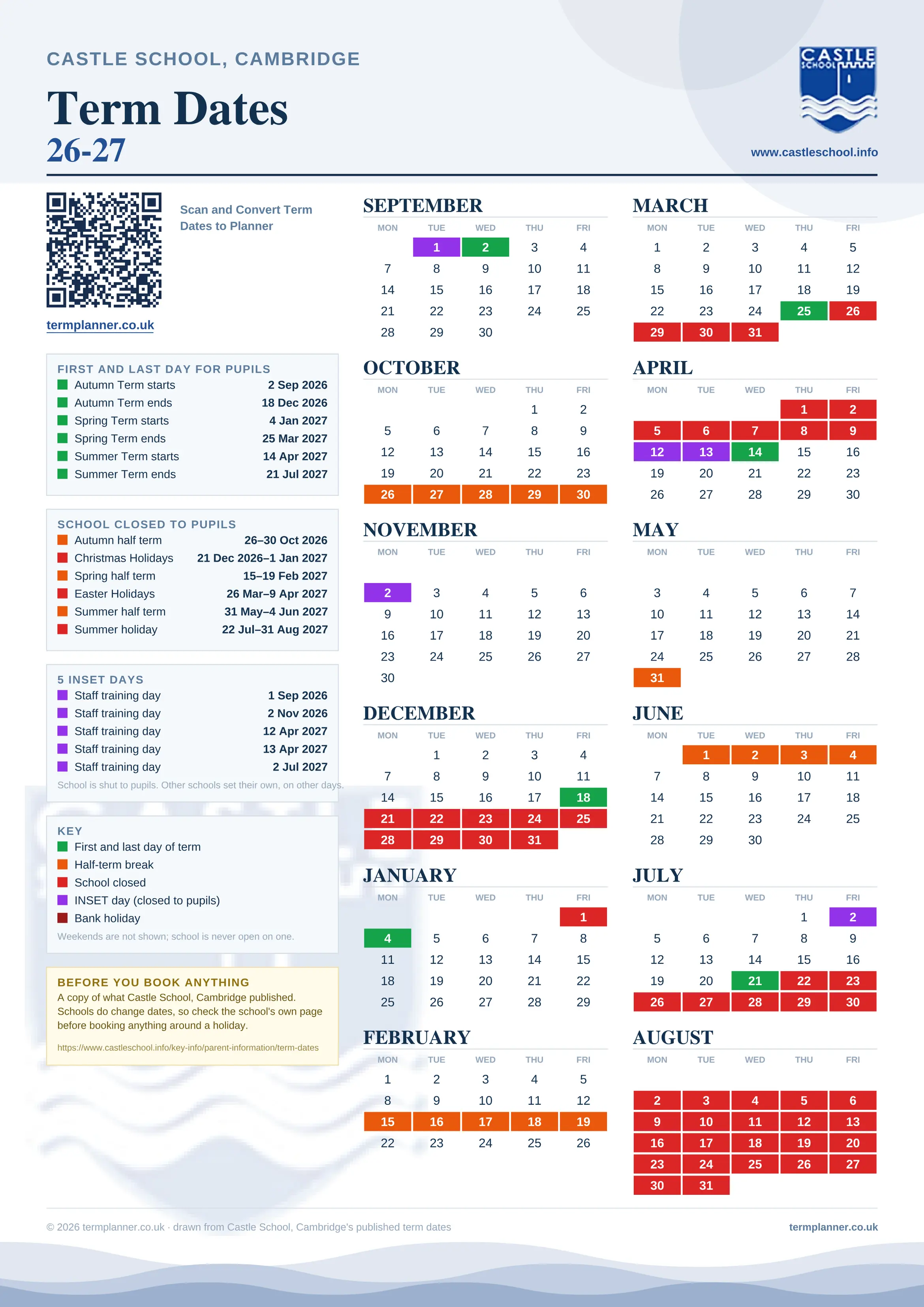 Castle School, Cambridge’s 2026/27 school year drawn as one sheet: twelve month grids from September to August, Monday to Friday, with autumn term 2 September to 18 December 2026, spring term 4 January to 25 March 2027, summer term 14 April to 21 July 2027. Half terms, holidays and bank holidays are filled in colour, the first and last day of each term is marked, 5 INSET days are picked out, and every date is listed again in words down the left.