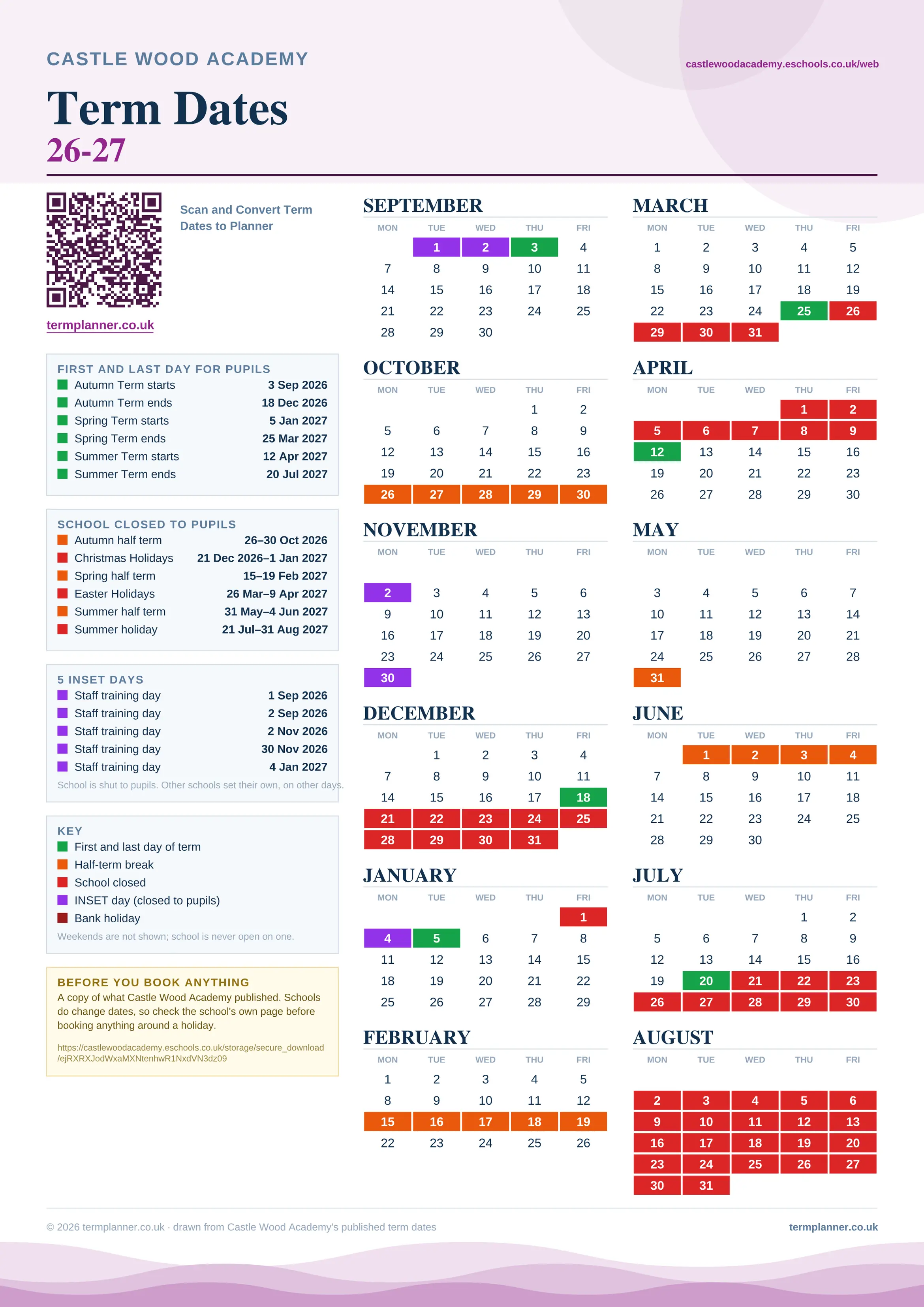 Castle Wood Academy’s 2026/27 school year drawn as one sheet: twelve month grids from September to August, Monday to Friday, with autumn term 3 September to 18 December 2026, spring term 5 January to 25 March 2027, summer term 12 April to 20 July 2027. Half terms, holidays and bank holidays are filled in colour, the first and last day of each term is marked, 5 INSET days are picked out, and every date is listed again in words down the left.