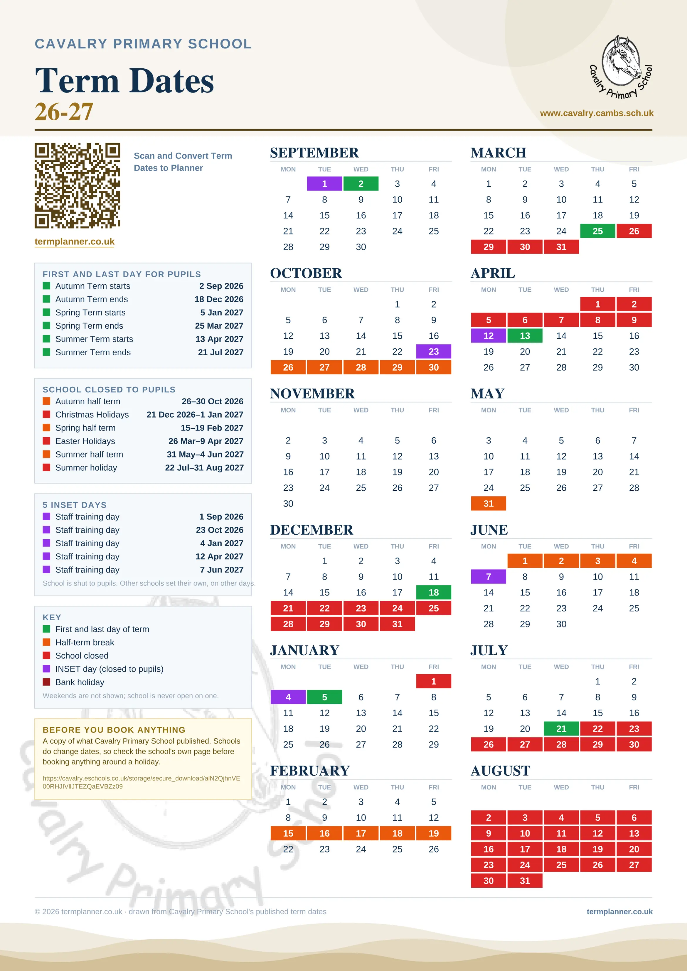 Cavalry Primary School’s 2026/27 school year drawn as one sheet: twelve month grids from September to August, Monday to Friday, with autumn term 2 September to 18 December 2026, spring term 5 January to 25 March 2027, summer term 13 April to 21 July 2027. Half terms, holidays and bank holidays are filled in colour, the first and last day of each term is marked, 5 INSET days are picked out, and every date is listed again in words down the left.
