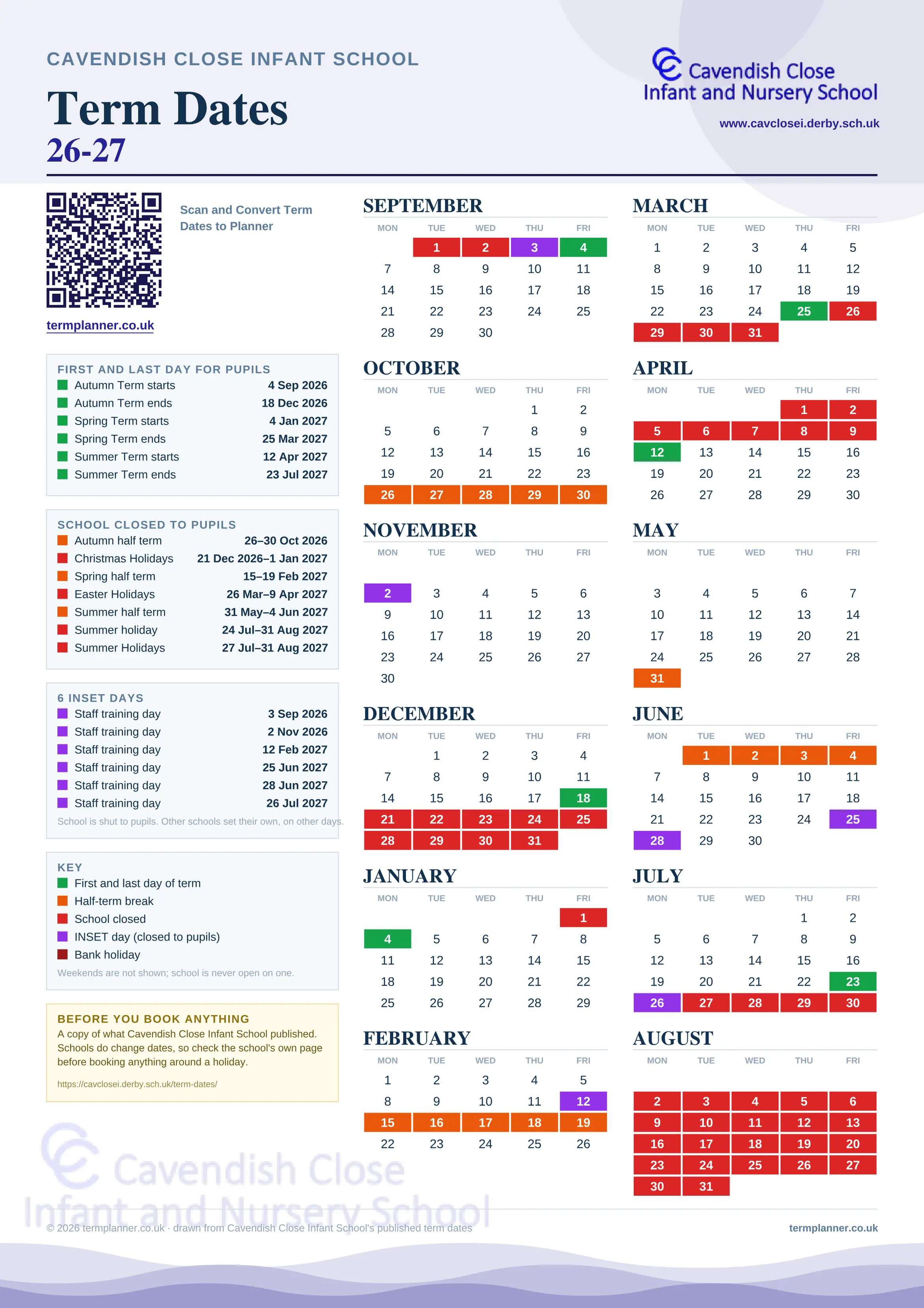 Cavendish Close Infant School’s 2026/27 school year drawn as one sheet: twelve month grids from September to August, Monday to Friday, with autumn term 4 September to 18 December 2026, spring term 4 January to 25 March 2027, summer term 12 April to 23 July 2027. Half terms, holidays and bank holidays are filled in colour, the first and last day of each term is marked, 6 INSET days are picked out, and every date is listed again in words down the left.