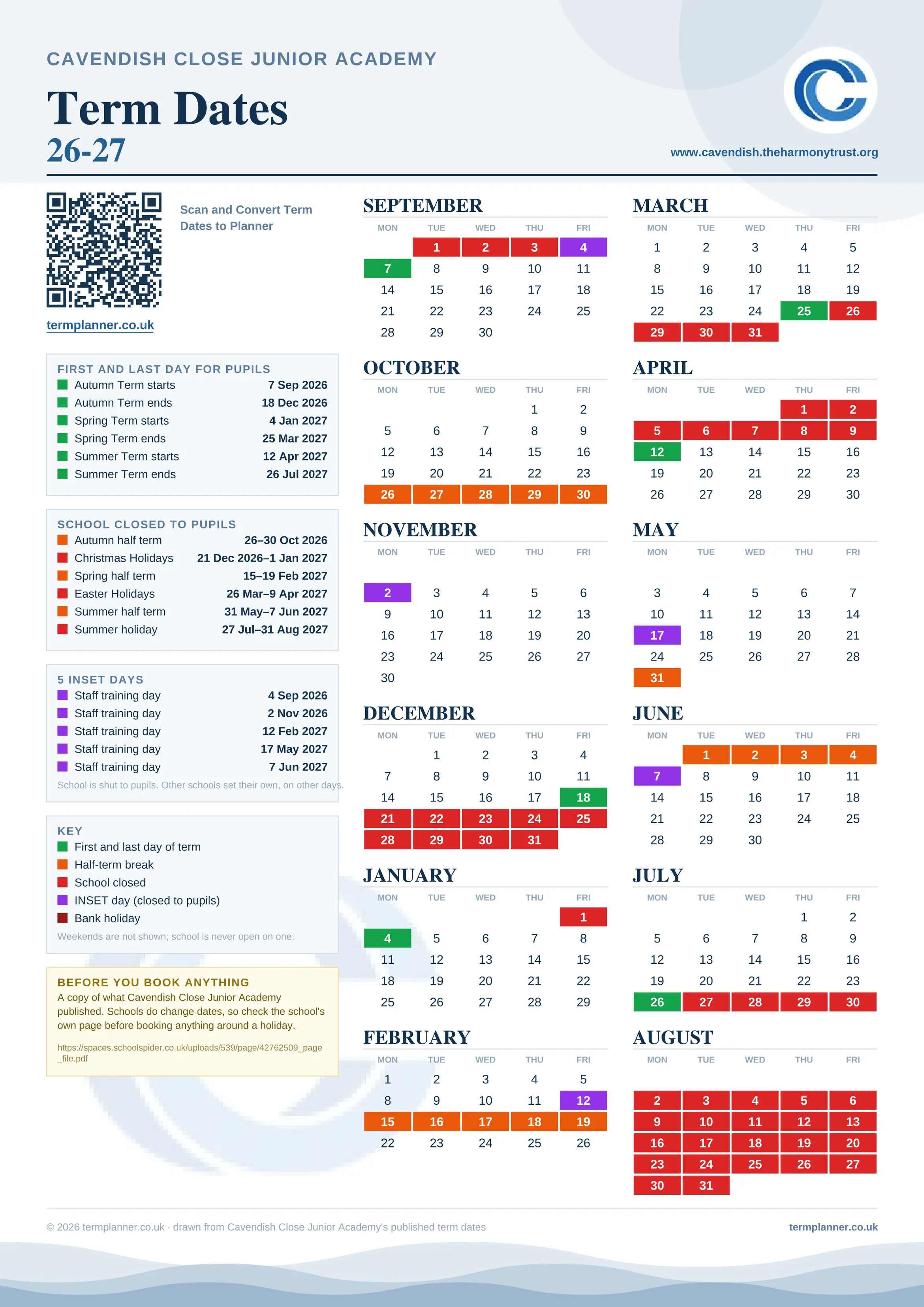 Cavendish Close Junior Academy’s 2026/27 school year drawn as one sheet: twelve month grids from September to August, Monday to Friday, with autumn term 7 September to 18 December 2026, spring term 4 January to 25 March 2027, summer term 12 April to 26 July 2027. Half terms, holidays and bank holidays are filled in colour, the first and last day of each term is marked, 5 INSET days are picked out, and every date is listed again in words down the left.
