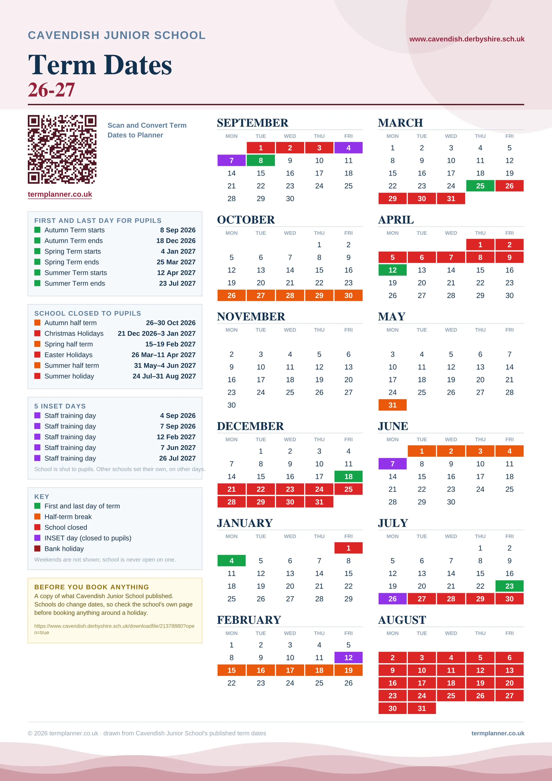 Cavendish Junior School’s 2026/27 school year drawn as one sheet: twelve month grids from September to August, Monday to Friday, with autumn term 8 September to 18 December 2026, spring term 4 January to 25 March 2027, summer term 12 April to 23 July 2027. Half terms, holidays and bank holidays are filled in colour, the first and last day of each term is marked, 5 INSET days are picked out, and every date is listed again in words down the left.