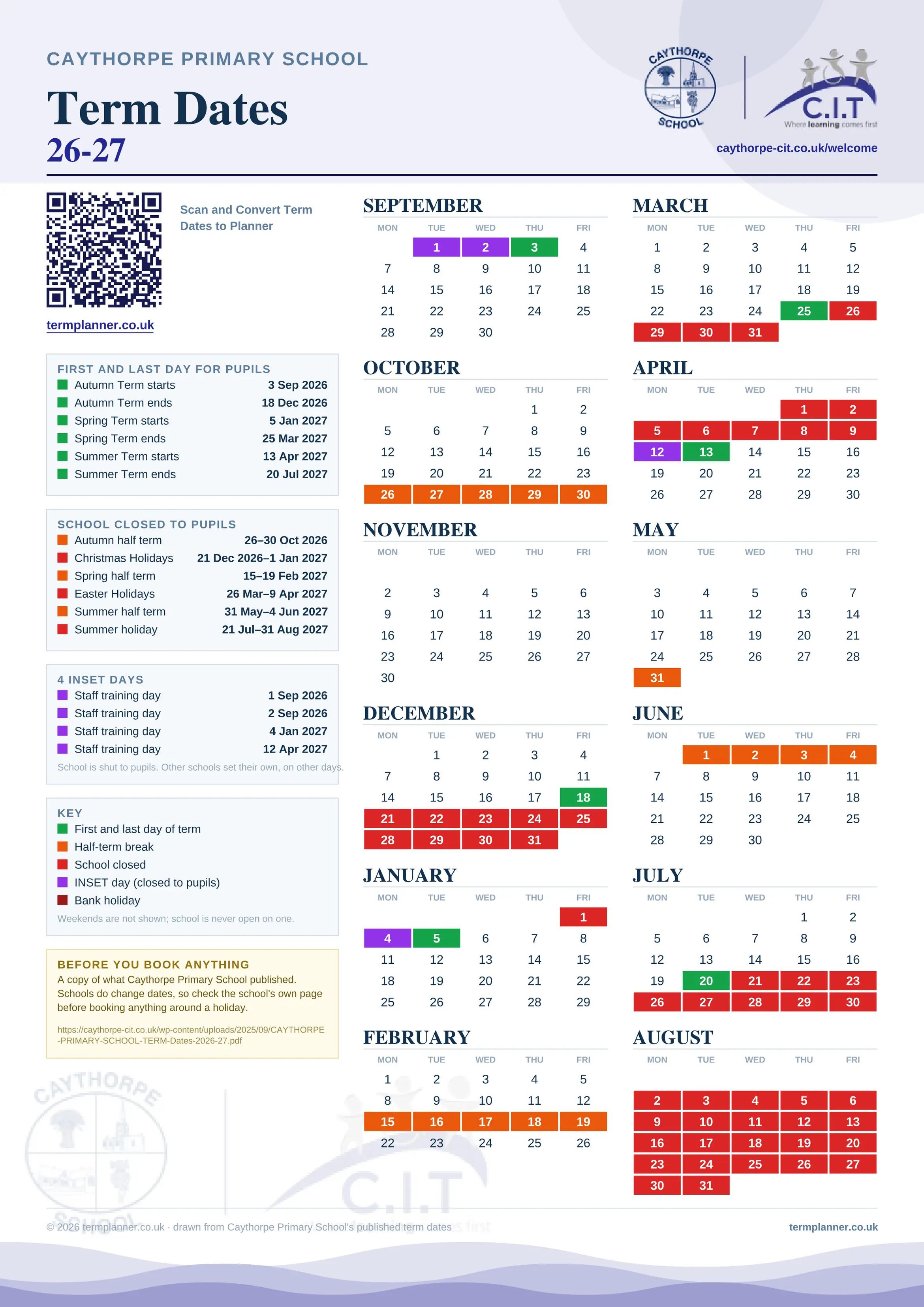 Caythorpe Primary School’s 2026/27 school year drawn as one sheet: twelve month grids from September to August, Monday to Friday, with autumn term 3 September to 18 December 2026, spring term 5 January to 25 March 2027, summer term 13 April to 20 July 2027. Half terms, holidays and bank holidays are filled in colour, the first and last day of each term is marked, 4 INSET days are picked out, and every date is listed again in words down the left.