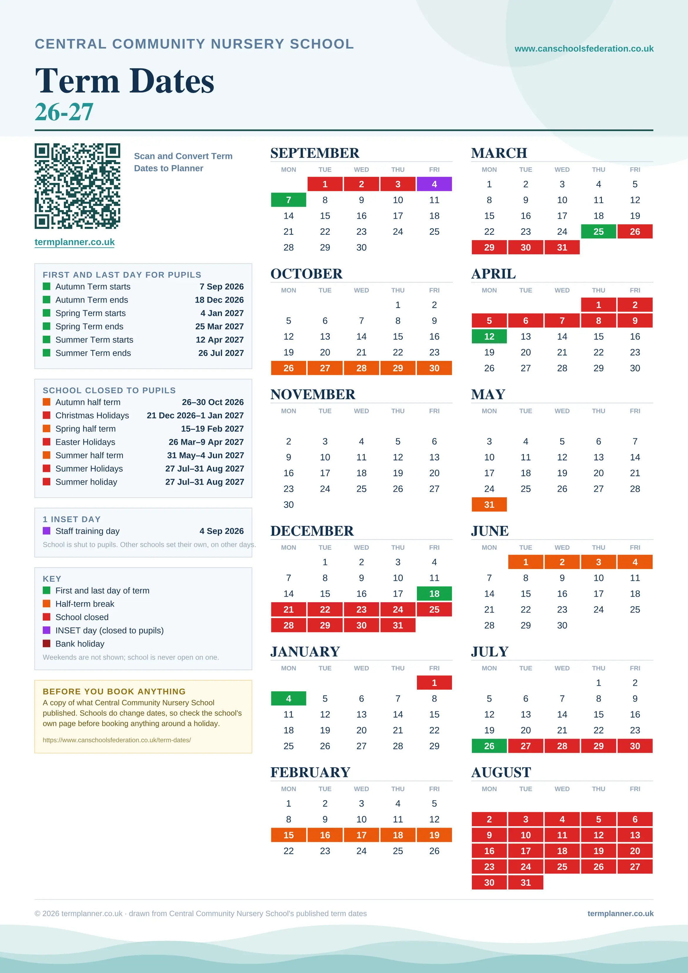 Central Community Nursery School’s 2026/27 school year drawn as one sheet: twelve month grids from September to August, Monday to Friday, with autumn term 7 September to 18 December 2026, spring term 4 January to 25 March 2027, summer term 12 April to 26 July 2027. Half terms, holidays and bank holidays are filled in colour, the first and last day of each term is marked, 1 INSET day is picked out, and every date is listed again in words down the left.