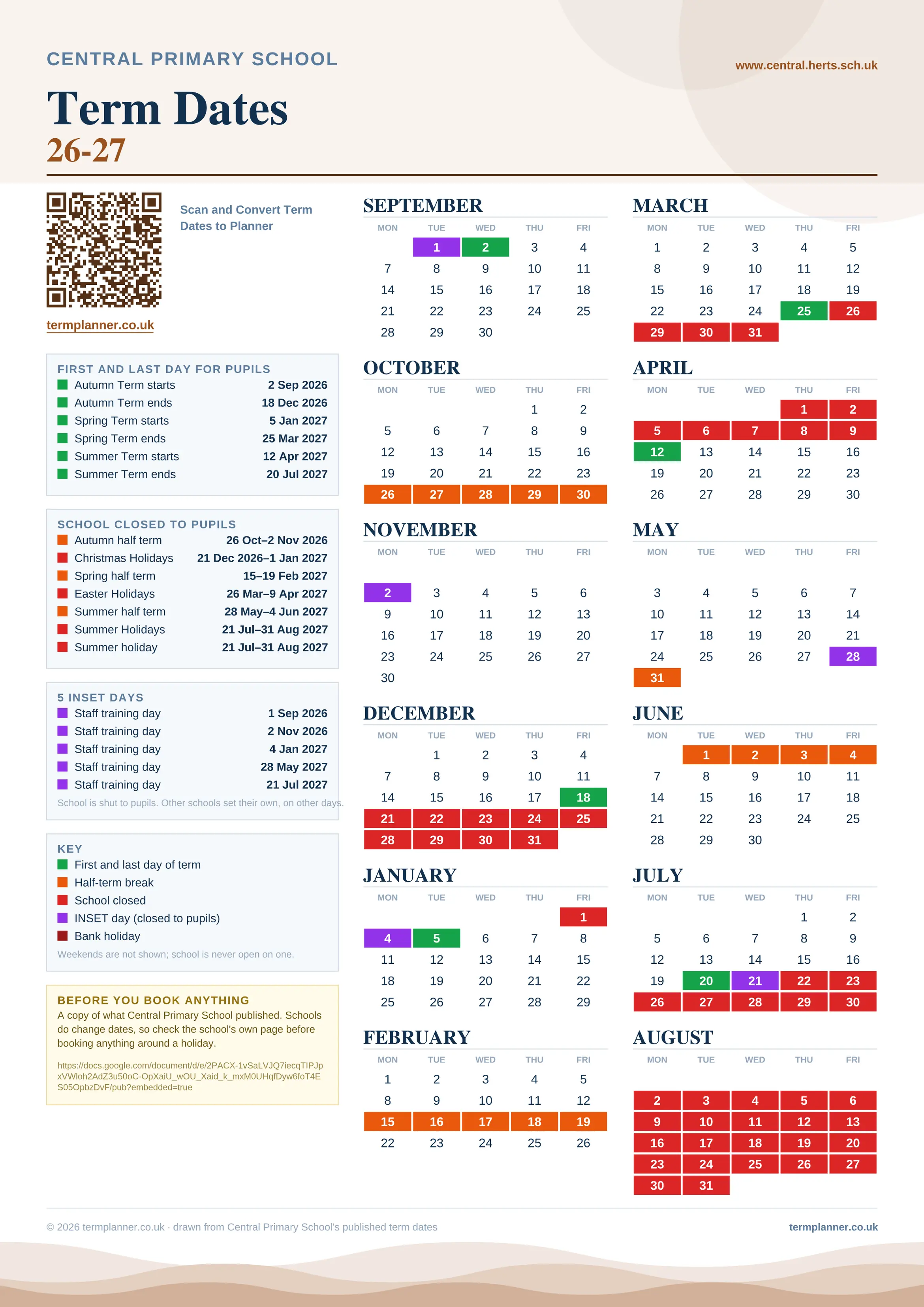 Central Primary School’s 2026/27 school year drawn as one sheet: twelve month grids from September to August, Monday to Friday, with autumn term 2 September to 18 December 2026, spring term 5 January to 25 March 2027, summer term 12 April to 20 July 2027. Half terms, holidays and bank holidays are filled in colour, the first and last day of each term is marked, 5 INSET days are picked out, and every date is listed again in words down the left.