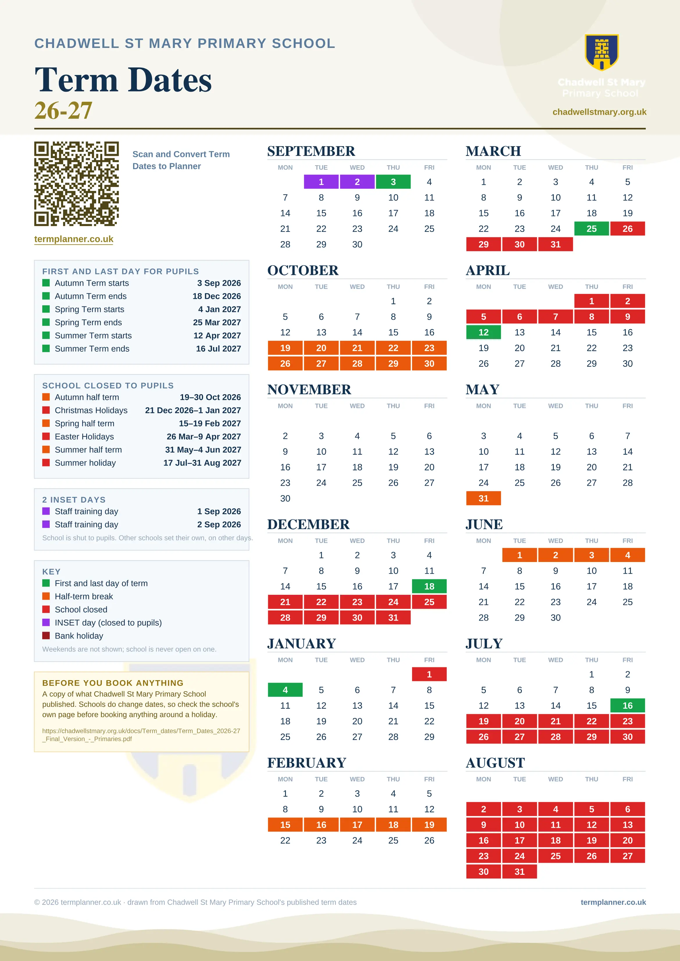 Chadwell St Mary Primary School’s 2026/27 school year drawn as one sheet: twelve month grids from September to August, Monday to Friday, with autumn term 3 September to 18 December 2026, spring term 4 January to 25 March 2027, summer term 12 April to 16 July 2027. Half terms, holidays and bank holidays are filled in colour, the first and last day of each term is marked, 2 INSET days are picked out, and every date is listed again in words down the left.