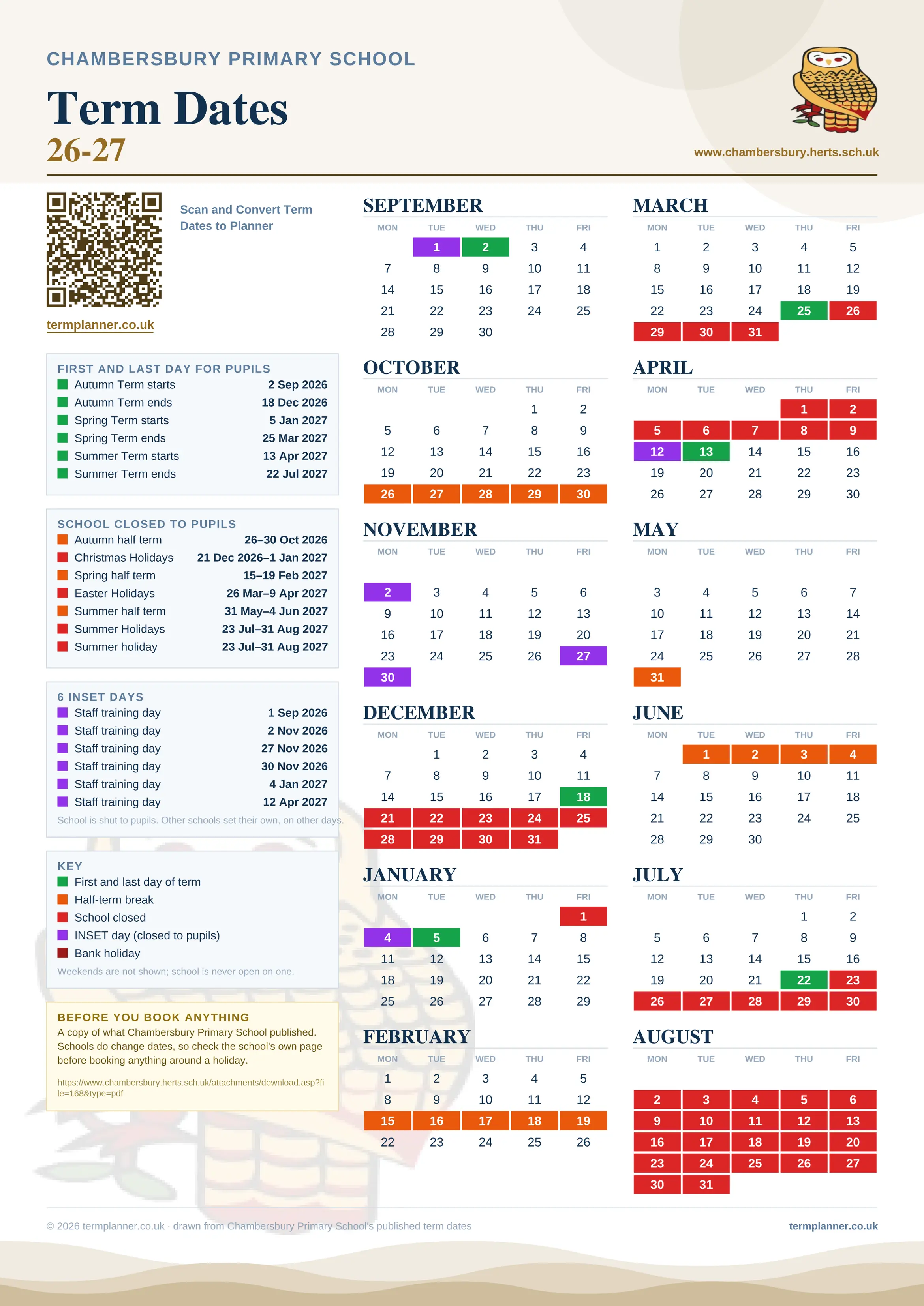 Chambersbury Primary School’s 2026/27 school year drawn as one sheet: twelve month grids from September to August, Monday to Friday, with autumn term 2 September to 18 December 2026, spring term 5 January to 25 March 2027, summer term 13 April to 22 July 2027. Half terms, holidays and bank holidays are filled in colour, the first and last day of each term is marked, 6 INSET days are picked out, and every date is listed again in words down the left.