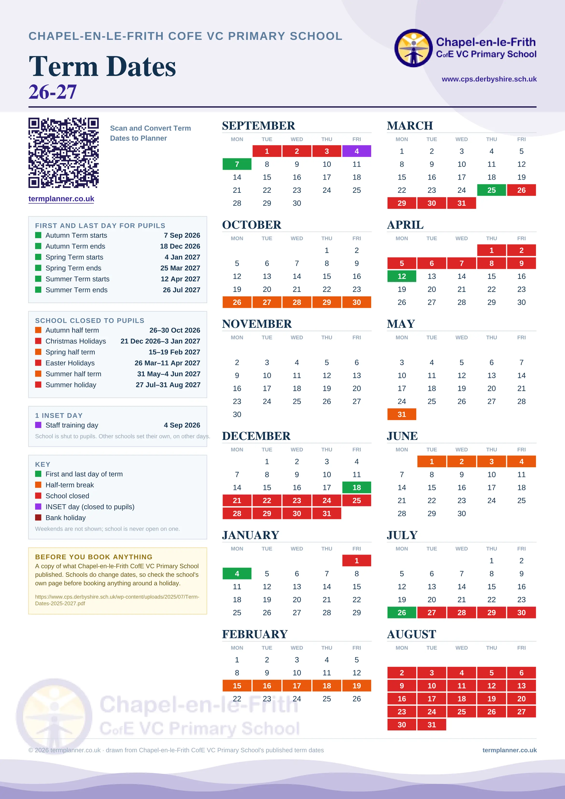 Chapel-en-le-Frith CofE VC Primary School’s 2026/27 school year drawn as one sheet: twelve month grids from September to August, Monday to Friday, with autumn term 7 September to 18 December 2026, spring term 4 January to 25 March 2027, summer term 12 April to 26 July 2027. Half terms, holidays and bank holidays are filled in colour, the first and last day of each term is marked, 1 INSET day is picked out, and every date is listed again in words down the left.