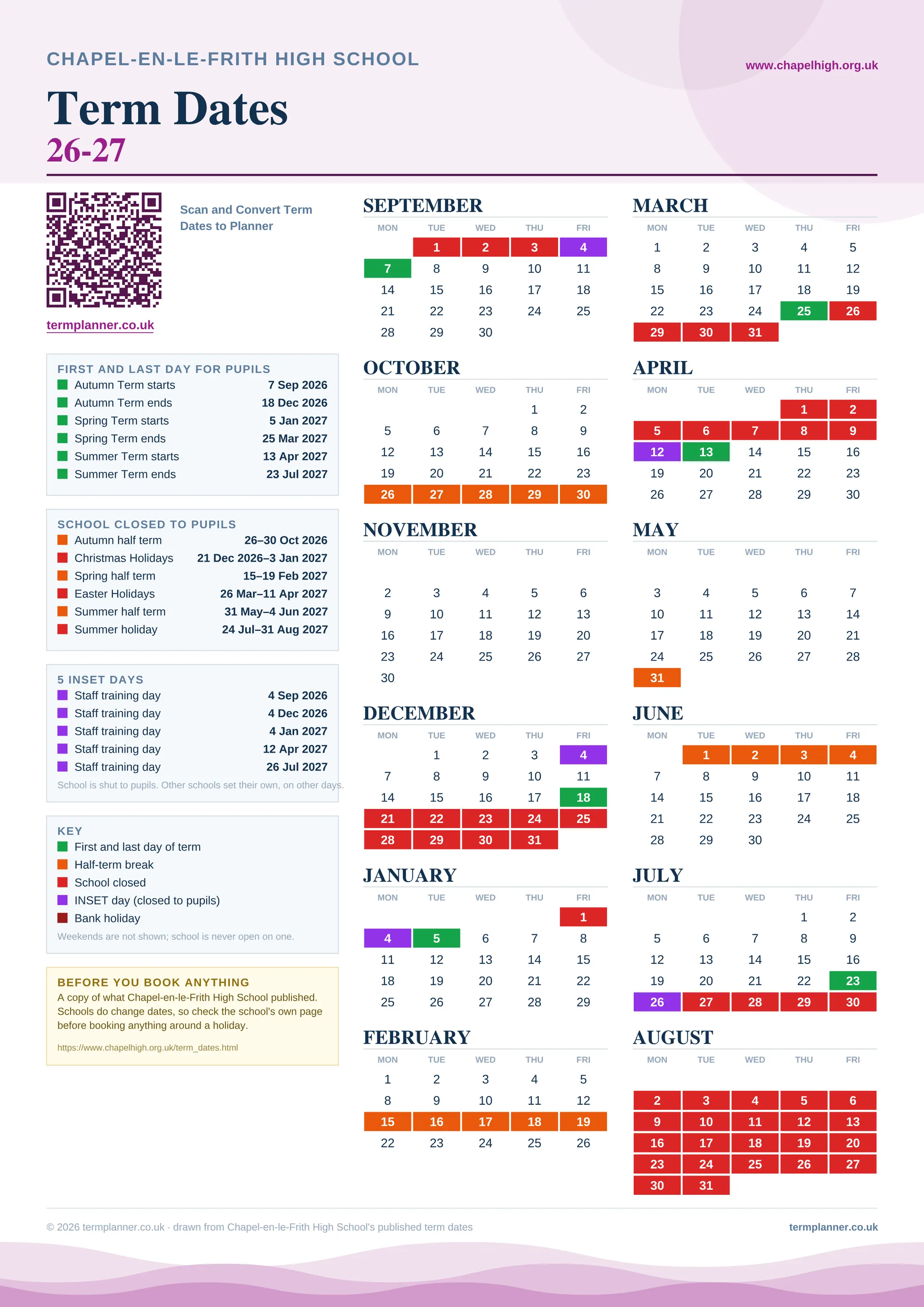 Chapel-en-le-Frith High School’s 2026/27 school year drawn as one sheet: twelve month grids from September to August, Monday to Friday, with autumn term 7 September to 18 December 2026, spring term 5 January to 25 March 2027, summer term 13 April to 23 July 2027. Half terms, holidays and bank holidays are filled in colour, the first and last day of each term is marked, 5 INSET days are picked out, and every date is listed again in words down the left.