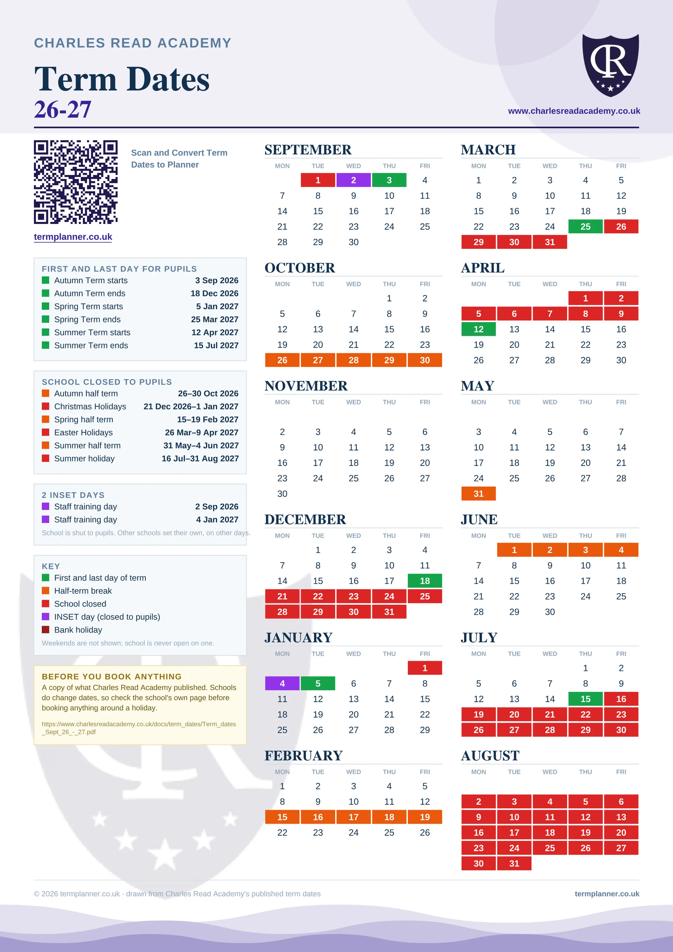 Charles Read Academy’s 2026/27 school year drawn as one sheet: twelve month grids from September to August, Monday to Friday, with autumn term 3 September to 18 December 2026, spring term 5 January to 25 March 2027, summer term 12 April to 15 July 2027. Half terms, holidays and bank holidays are filled in colour, the first and last day of each term is marked, 2 INSET days are picked out, and every date is listed again in words down the left.