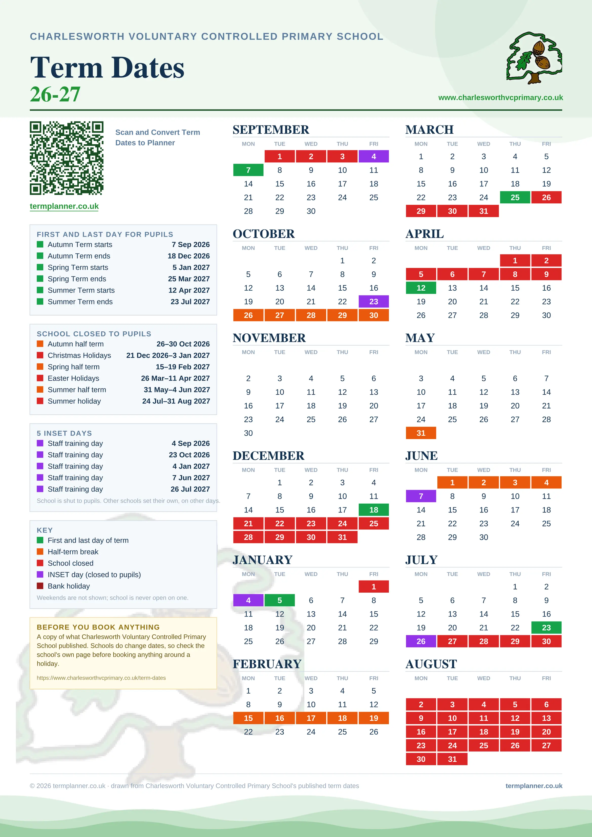 Charlesworth Voluntary Controlled Primary School’s 2026/27 school year drawn as one sheet: twelve month grids from September to August, Monday to Friday, with autumn term 7 September to 18 December 2026, spring term 5 January to 25 March 2027, summer term 12 April to 23 July 2027. Half terms, holidays and bank holidays are filled in colour, the first and last day of each term is marked, 5 INSET days are picked out, and every date is listed again in words down the left.