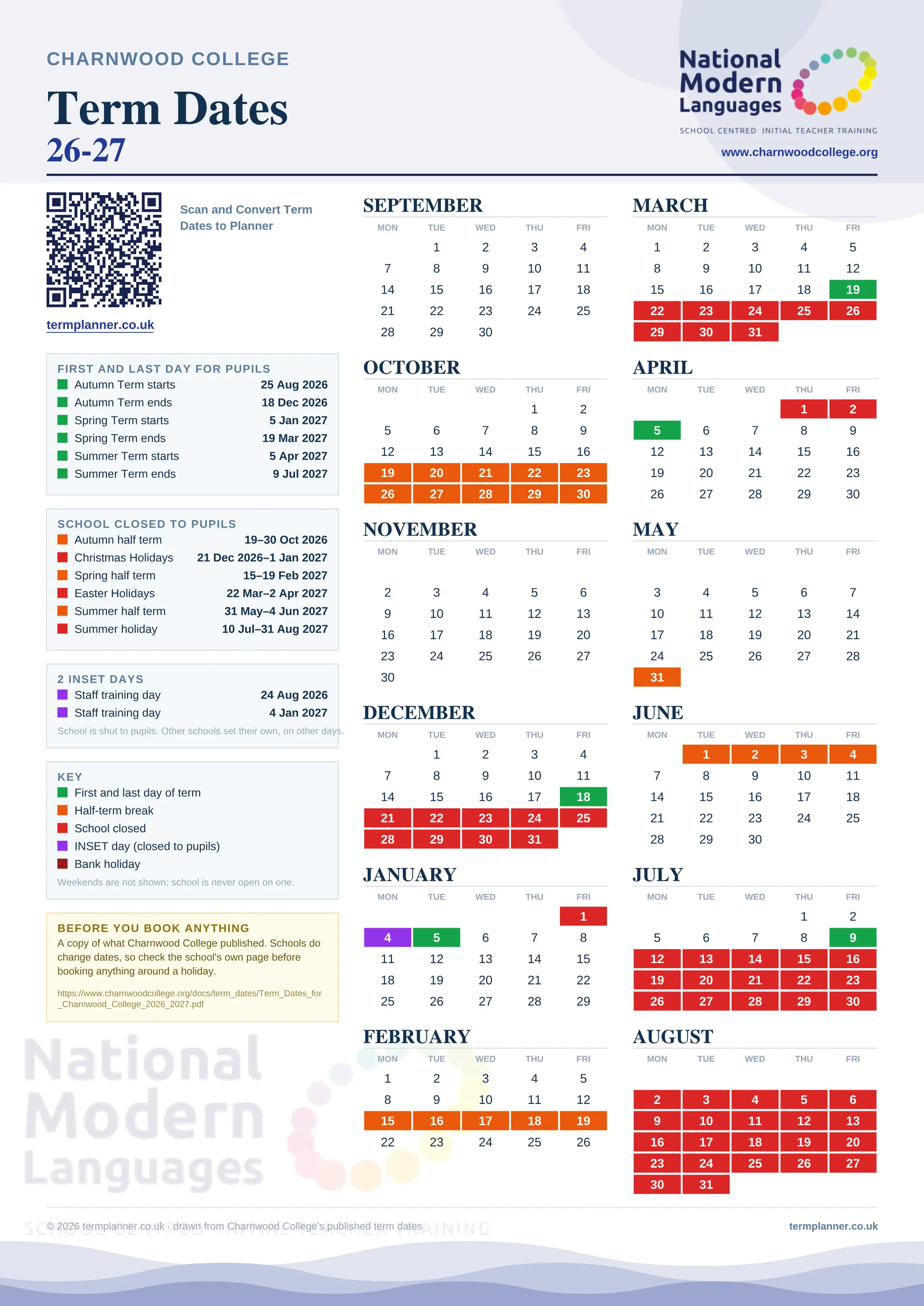 Charnwood College’s 2026/27 school year drawn as one sheet: twelve month grids from September to August, Monday to Friday, with autumn term 25 August to 18 December 2026, spring term 5 January to 19 March 2027, summer term 5 April to 9 July 2027. Half terms, holidays and bank holidays are filled in colour, the first and last day of each term is marked, 2 INSET days are picked out, and every date is listed again in words down the left.
