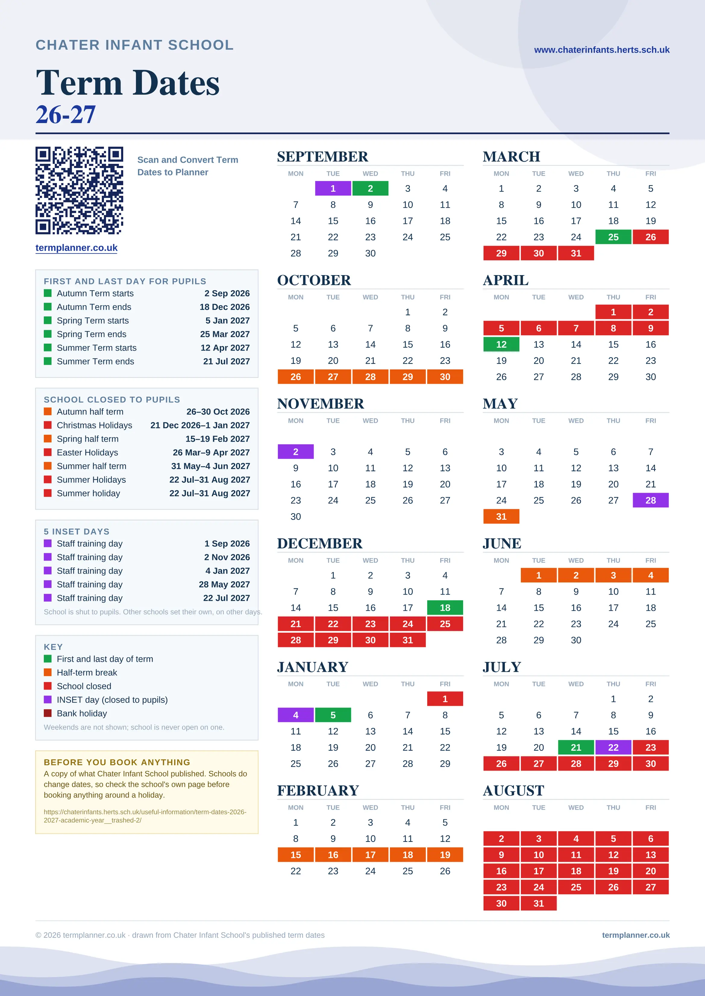 Chater Infant School’s 2026/27 school year drawn as one sheet: twelve month grids from September to August, Monday to Friday, with autumn term 2 September to 18 December 2026, spring term 5 January to 25 March 2027, summer term 12 April to 21 July 2027. Half terms, holidays and bank holidays are filled in colour, the first and last day of each term is marked, 5 INSET days are picked out, and every date is listed again in words down the left.