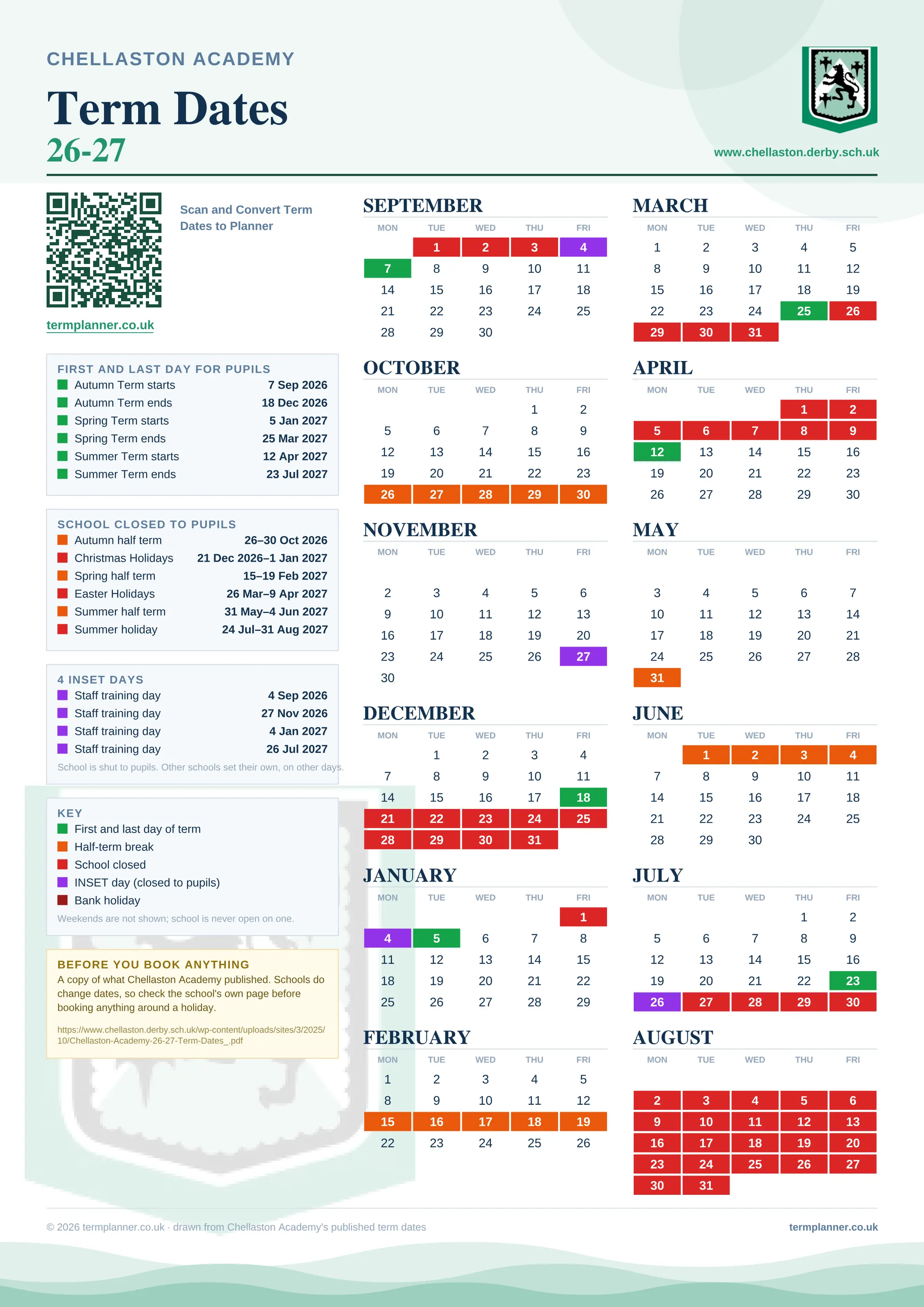 Chellaston Academy’s 2026/27 school year drawn as one sheet: twelve month grids from September to August, Monday to Friday, with autumn term 7 September to 18 December 2026, spring term 5 January to 25 March 2027, summer term 12 April to 23 July 2027. Half terms, holidays and bank holidays are filled in colour, the first and last day of each term is marked, 4 INSET days are picked out, and every date is listed again in words down the left.