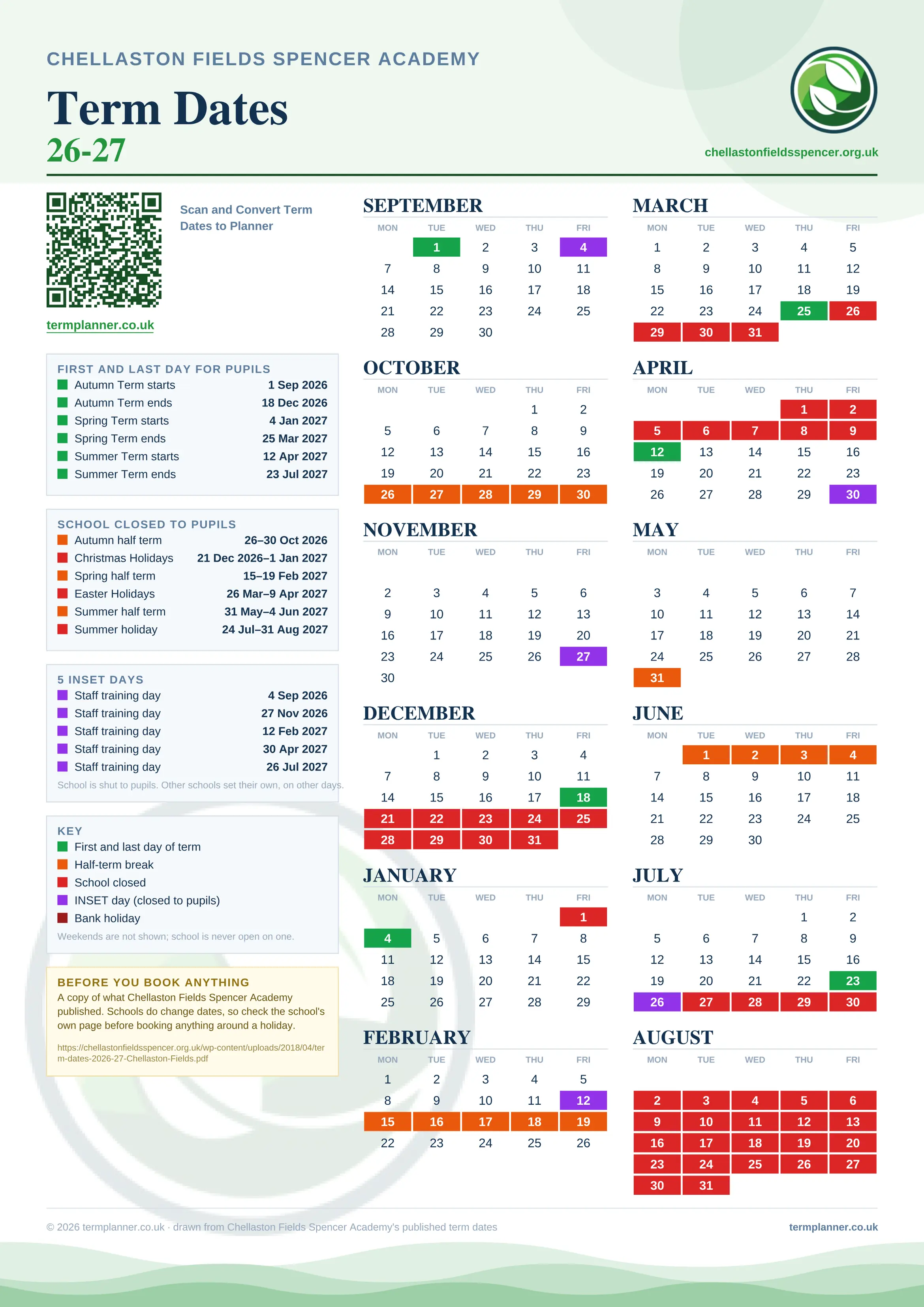Chellaston Fields Spencer Academy’s 2026/27 school year drawn as one sheet: twelve month grids from September to August, Monday to Friday, with autumn term 1 September to 18 December 2026, spring term 4 January to 25 March 2027, summer term 12 April to 23 July 2027. Half terms, holidays and bank holidays are filled in colour, the first and last day of each term is marked, 5 INSET days are picked out, and every date is listed again in words down the left.