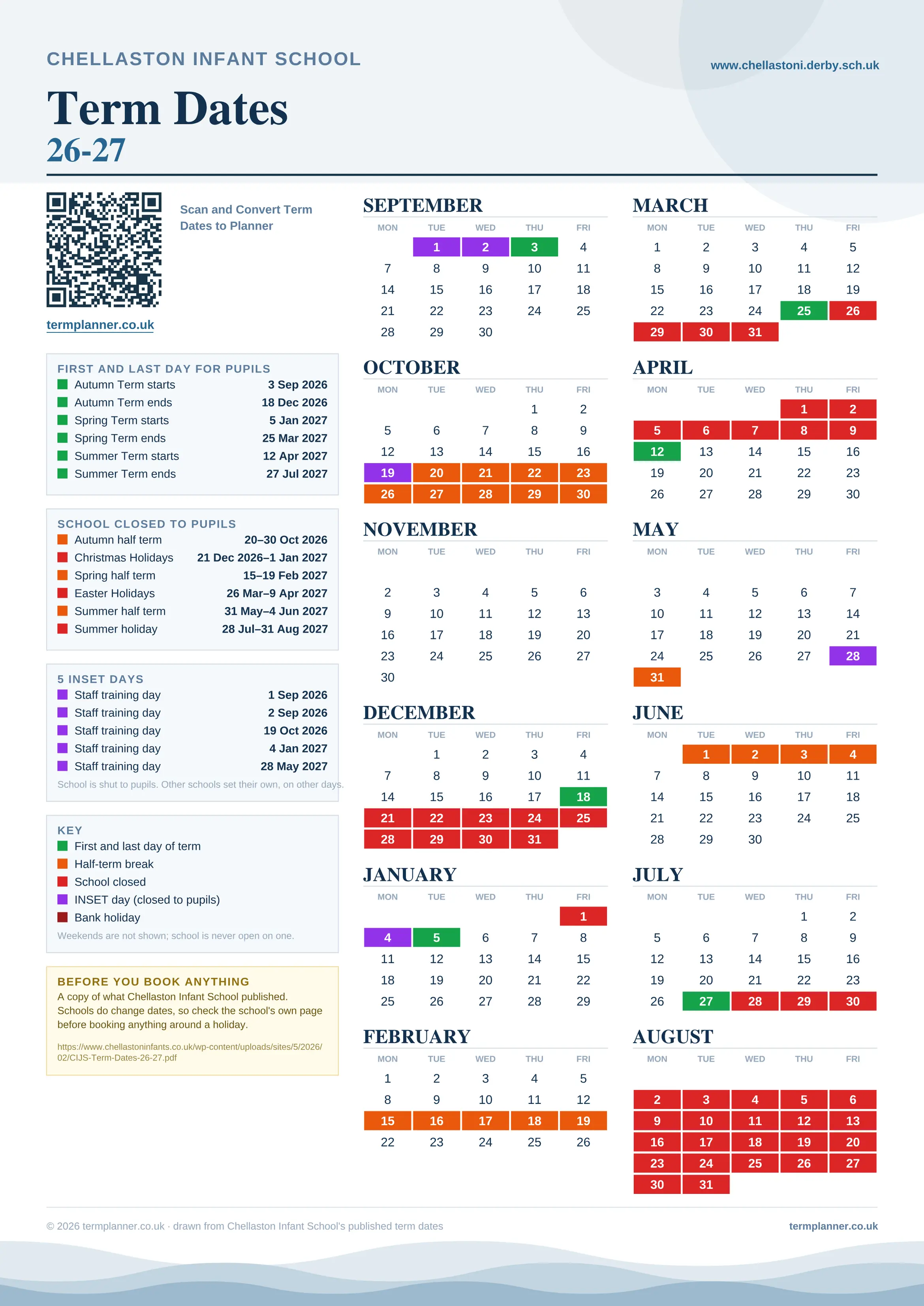 Chellaston Infant School’s 2026/27 school year drawn as one sheet: twelve month grids from September to August, Monday to Friday, with autumn term 3 September to 18 December 2026, spring term 5 January to 25 March 2027, summer term 12 April to 27 July 2027. Half terms, holidays and bank holidays are filled in colour, the first and last day of each term is marked, 5 INSET days are picked out, and every date is listed again in words down the left.