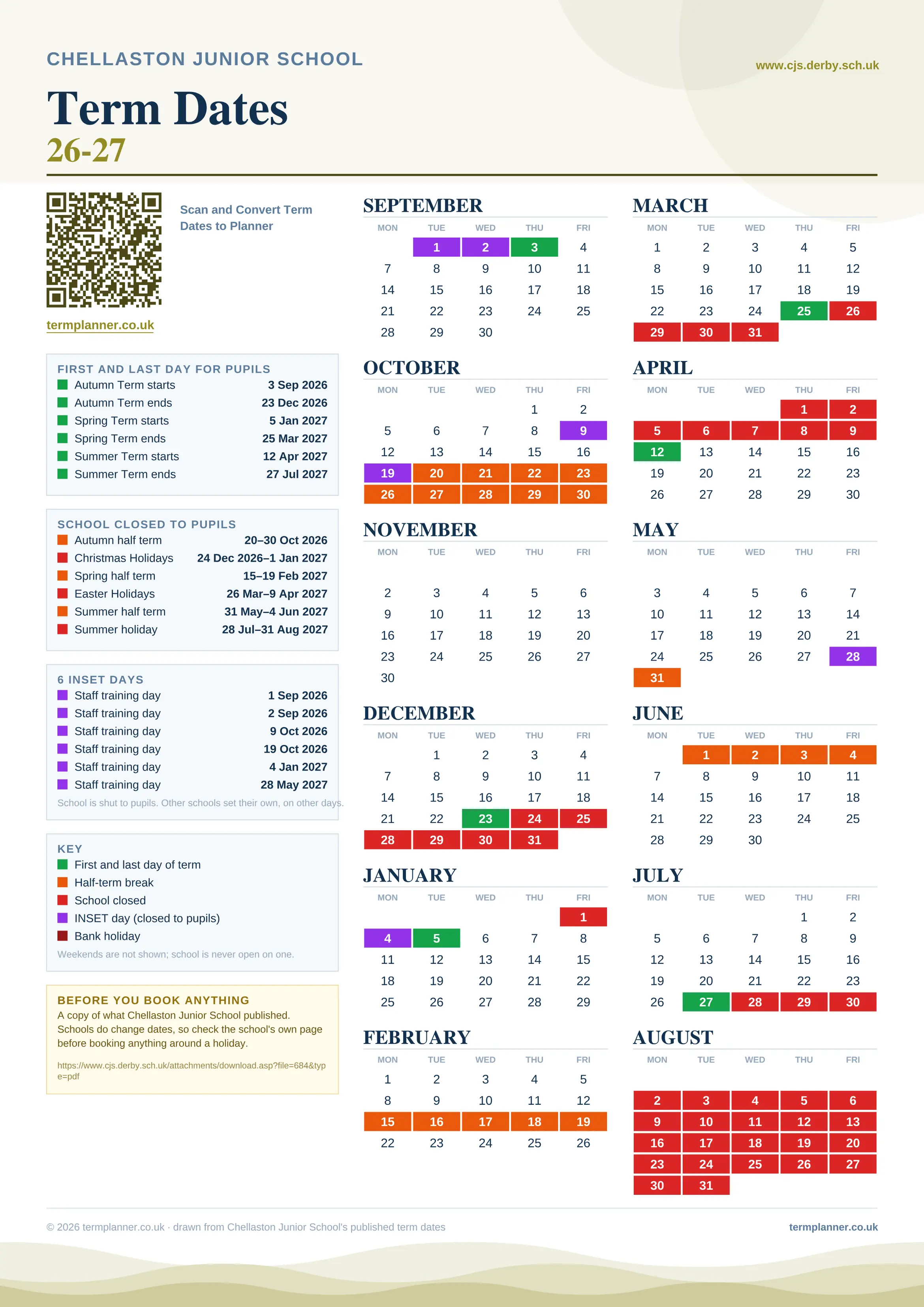 Chellaston Junior School’s 2026/27 school year drawn as one sheet: twelve month grids from September to August, Monday to Friday, with autumn term 3 September to 23 December 2026, spring term 5 January to 25 March 2027, summer term 12 April to 27 July 2027. Half terms, holidays and bank holidays are filled in colour, the first and last day of each term is marked, 6 INSET days are picked out, and every date is listed again in words down the left.