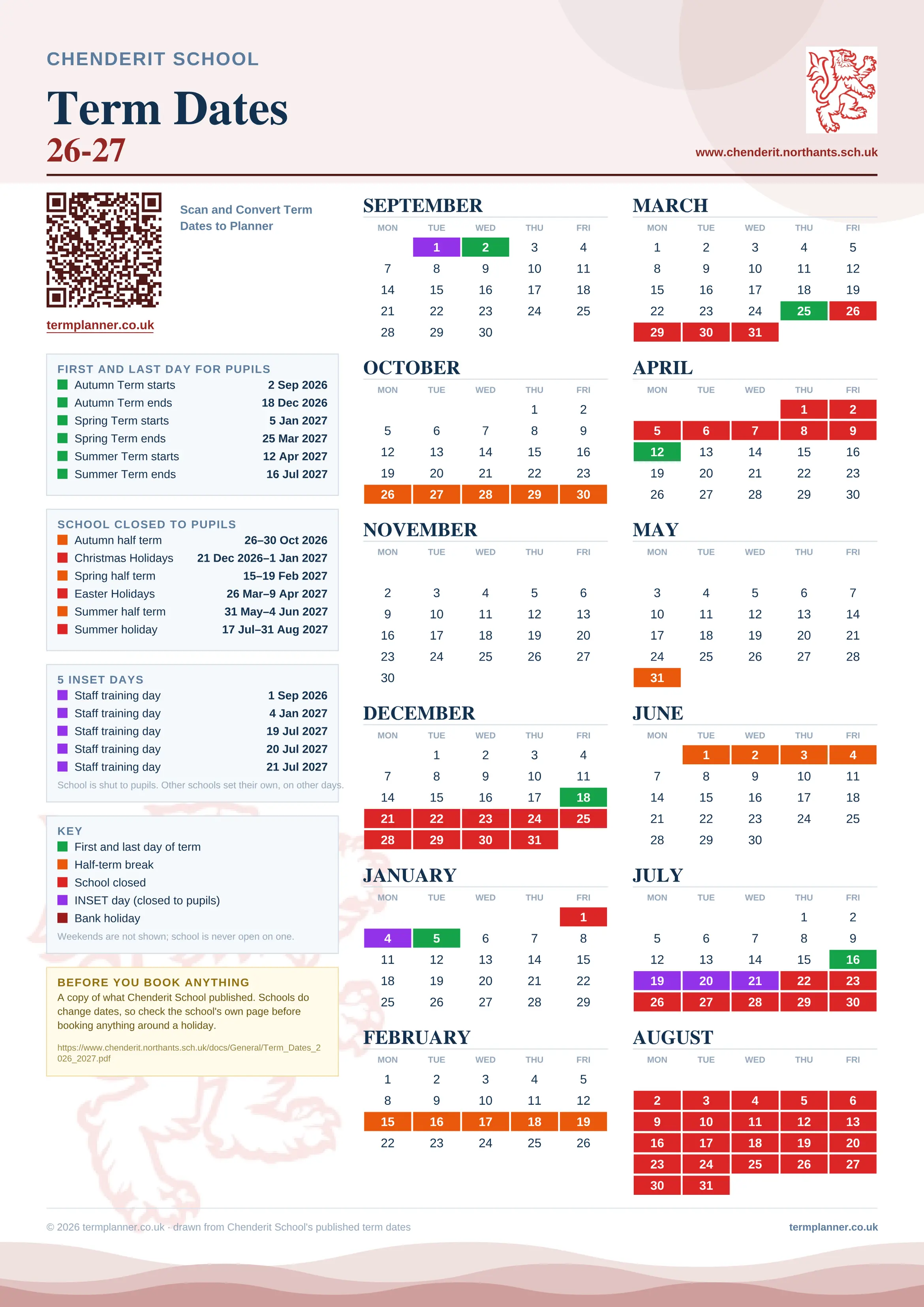Chenderit School’s 2026/27 school year drawn as one sheet: twelve month grids from September to August, Monday to Friday, with autumn term 2 September to 18 December 2026, spring term 5 January to 25 March 2027, summer term 12 April to 16 July 2027. Half terms, holidays and bank holidays are filled in colour, the first and last day of each term is marked, 5 INSET days are picked out, and every date is listed again in words down the left.