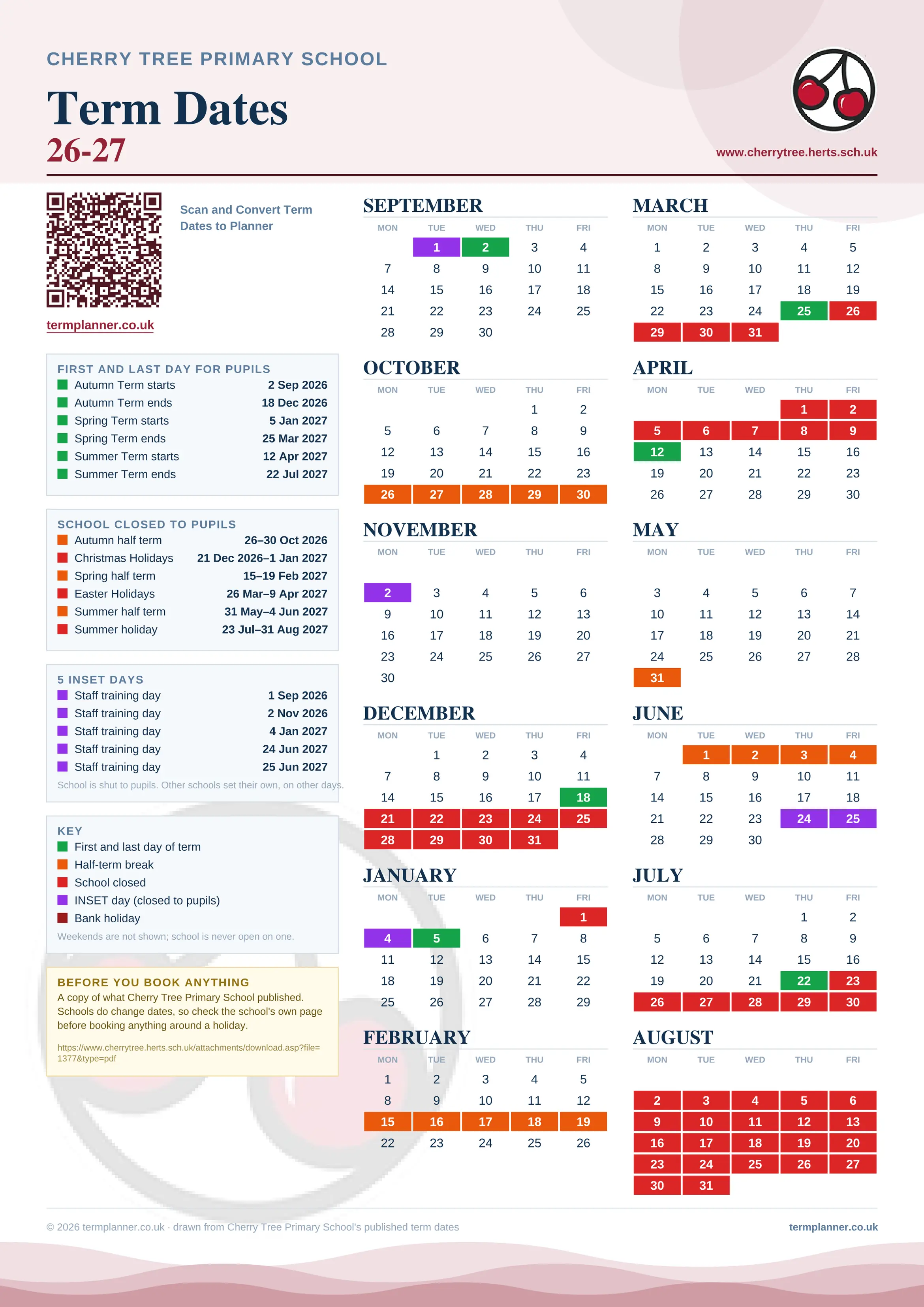 Cherry Tree Primary School’s 2026/27 school year drawn as one sheet: twelve month grids from September to August, Monday to Friday, with autumn term 2 September to 18 December 2026, spring term 5 January to 25 March 2027, summer term 12 April to 22 July 2027. Half terms, holidays and bank holidays are filled in colour, the first and last day of each term is marked, 5 INSET days are picked out, and every date is listed again in words down the left.