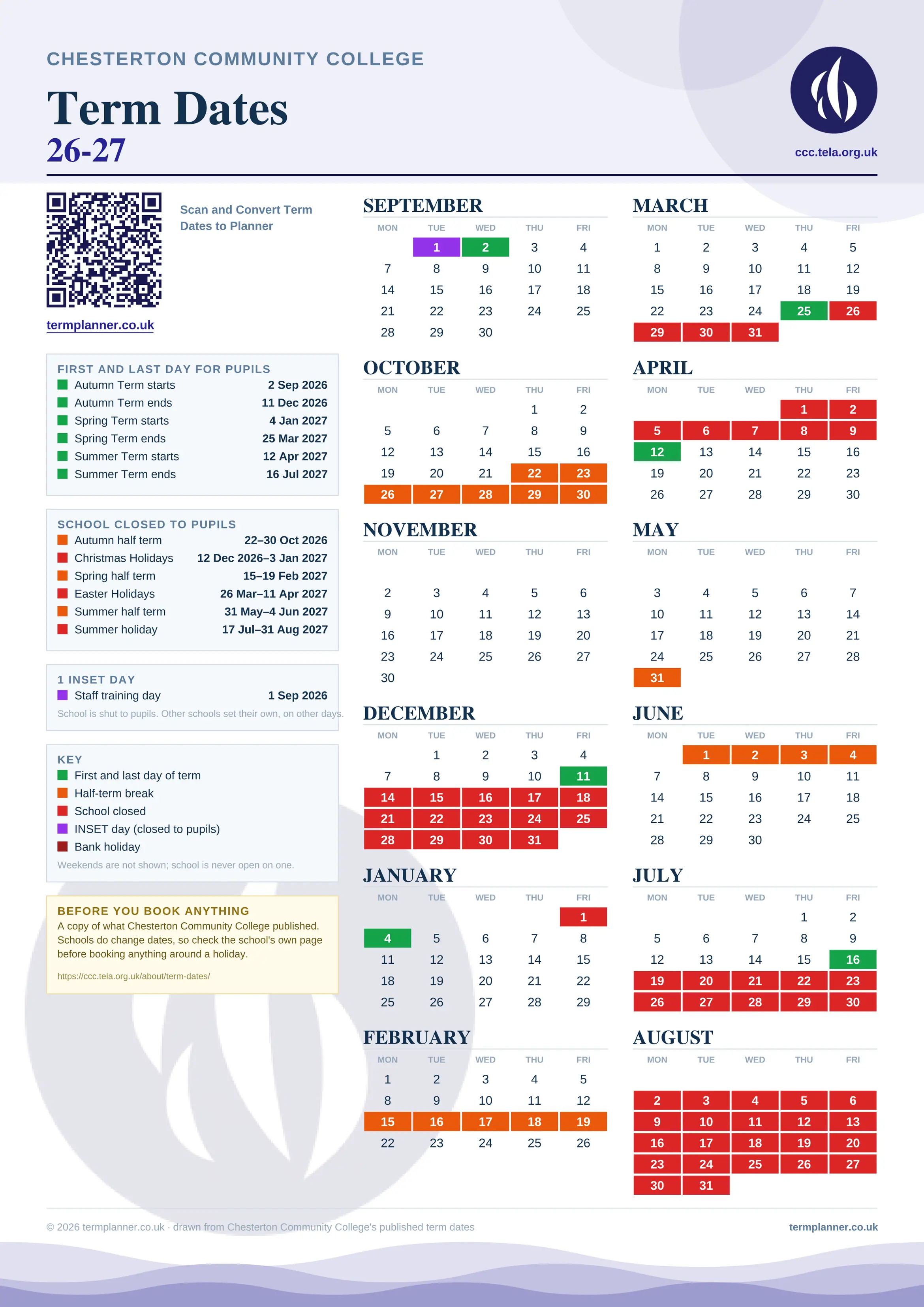 Chesterton Community College’s 2026/27 school year drawn as one sheet: twelve month grids from September to August, Monday to Friday, with autumn term 2 September to 11 December 2026, spring term 4 January to 25 March 2027, summer term 12 April to 16 July 2027. Half terms, holidays and bank holidays are filled in colour, the first and last day of each term is marked, 1 INSET day is picked out, and every date is listed again in words down the left.
