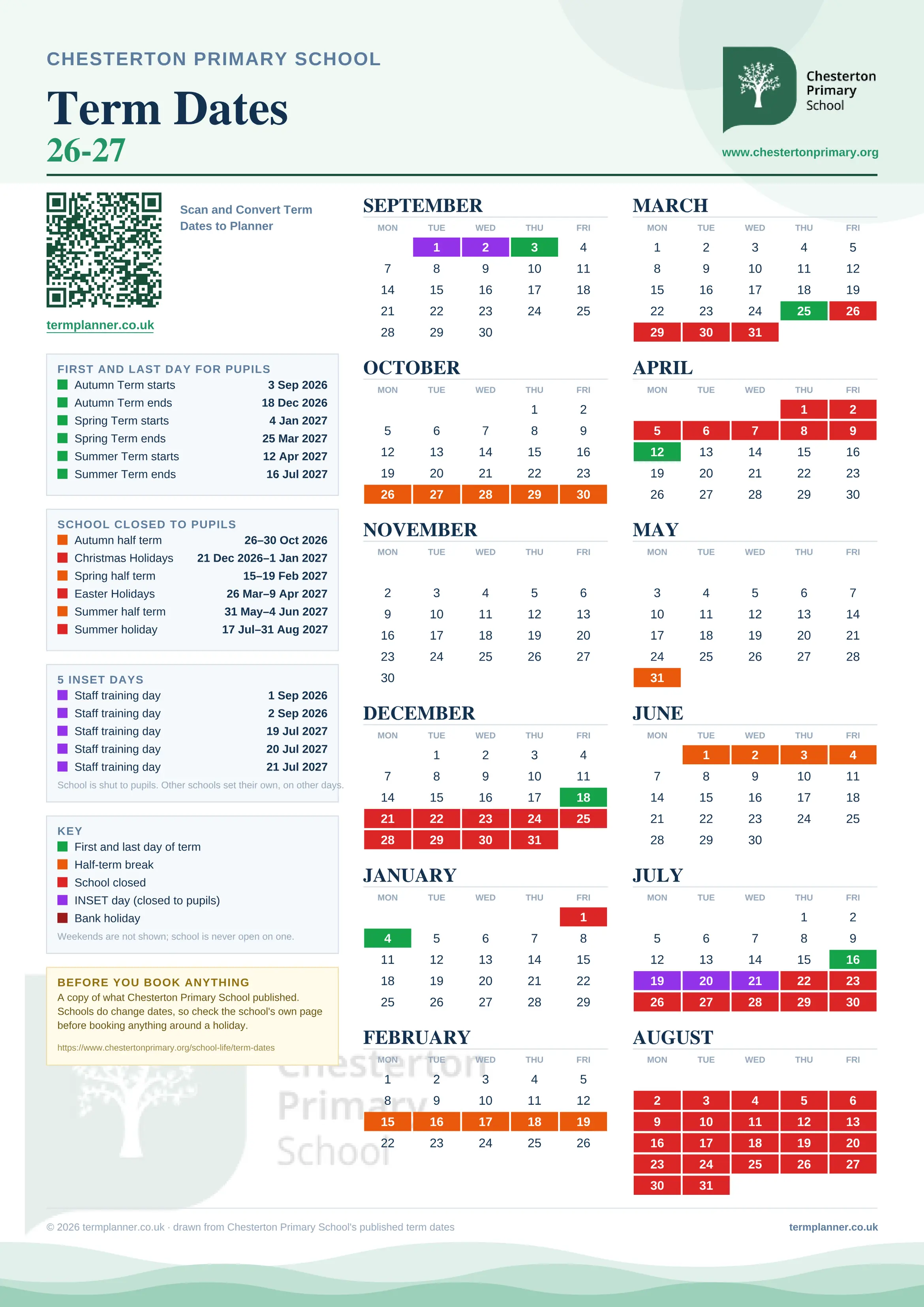 Chesterton Primary School’s 2026/27 school year drawn as one sheet: twelve month grids from September to August, Monday to Friday, with autumn term 3 September to 18 December 2026, spring term 4 January to 25 March 2027, summer term 12 April to 16 July 2027. Half terms, holidays and bank holidays are filled in colour, the first and last day of each term is marked, 5 INSET days are picked out, and every date is listed again in words down the left.