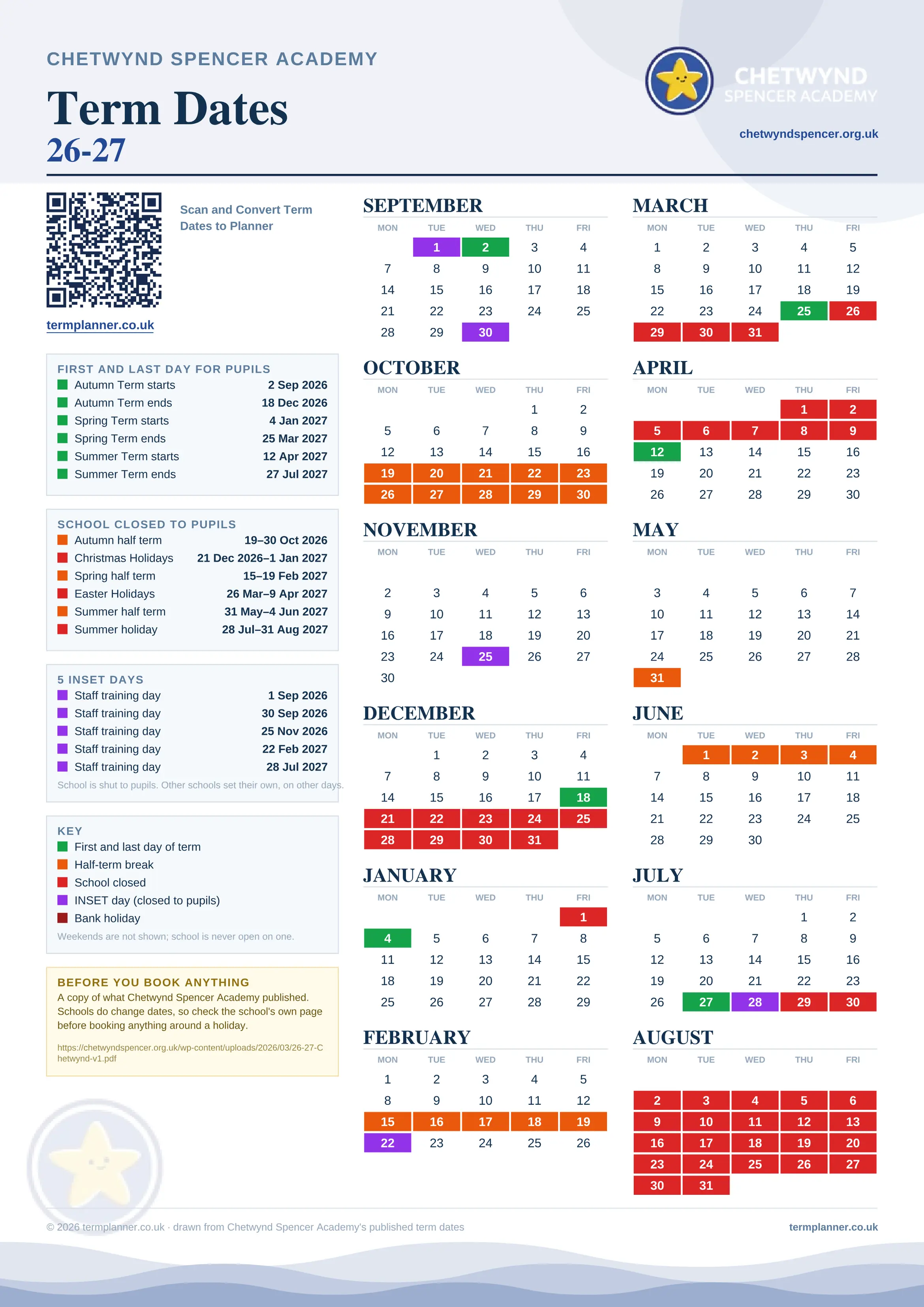 Chetwynd Spencer Academy’s 2026/27 school year drawn as one sheet: twelve month grids from September to August, Monday to Friday, with autumn term 2 September to 18 December 2026, spring term 4 January to 25 March 2027, summer term 12 April to 27 July 2027. Half terms, holidays and bank holidays are filled in colour, the first and last day of each term is marked, 5 INSET days are picked out, and every date is listed again in words down the left.
