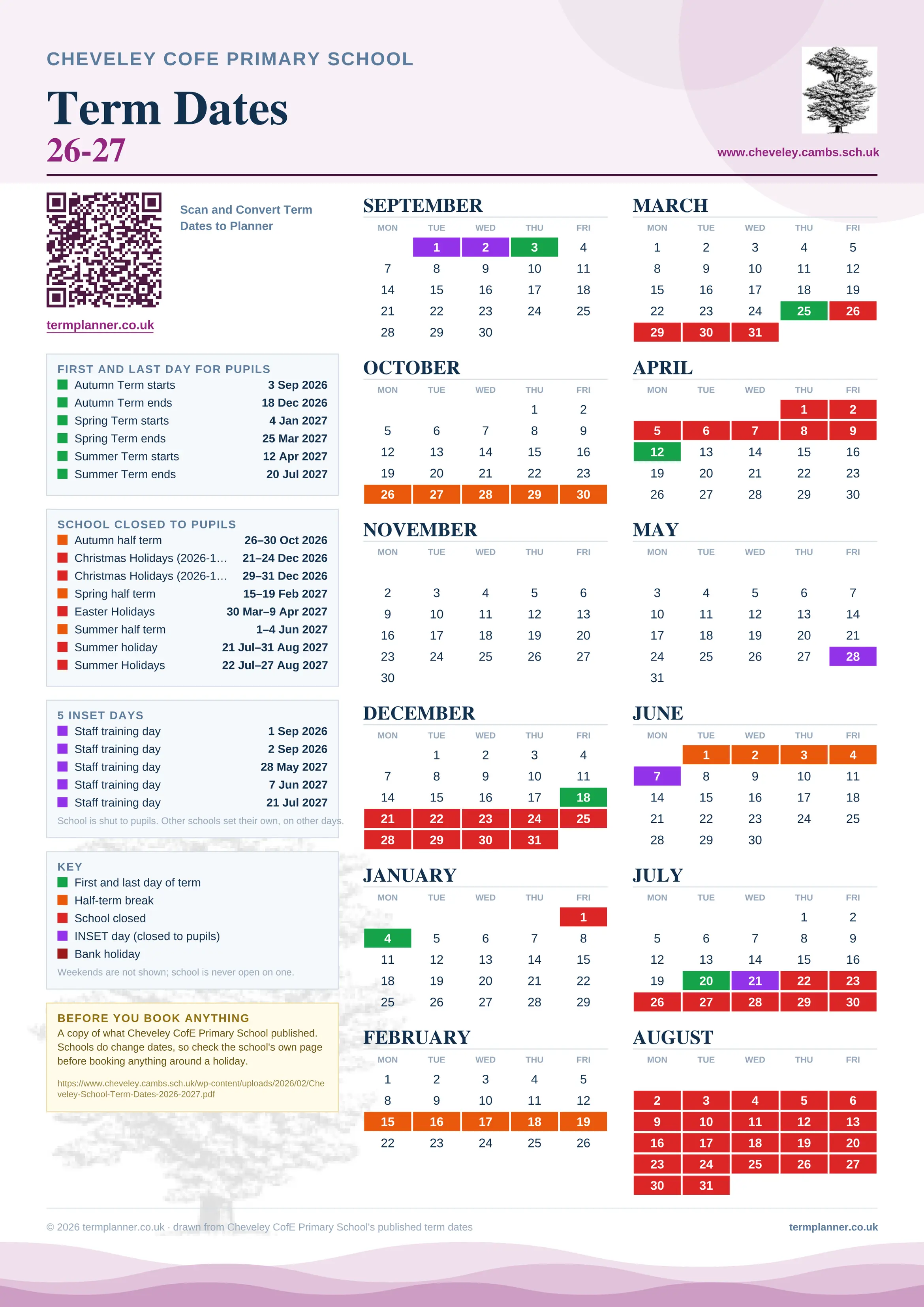 Cheveley CofE Primary School’s 2026/27 school year drawn as one sheet: twelve month grids from September to August, Monday to Friday, with autumn term 3 September to 18 December 2026, spring term 4 January to 25 March 2027, summer term 12 April to 20 July 2027. Half terms, holidays and bank holidays are filled in colour, the first and last day of each term is marked, 5 INSET days are picked out, and every date is listed again in words down the left.