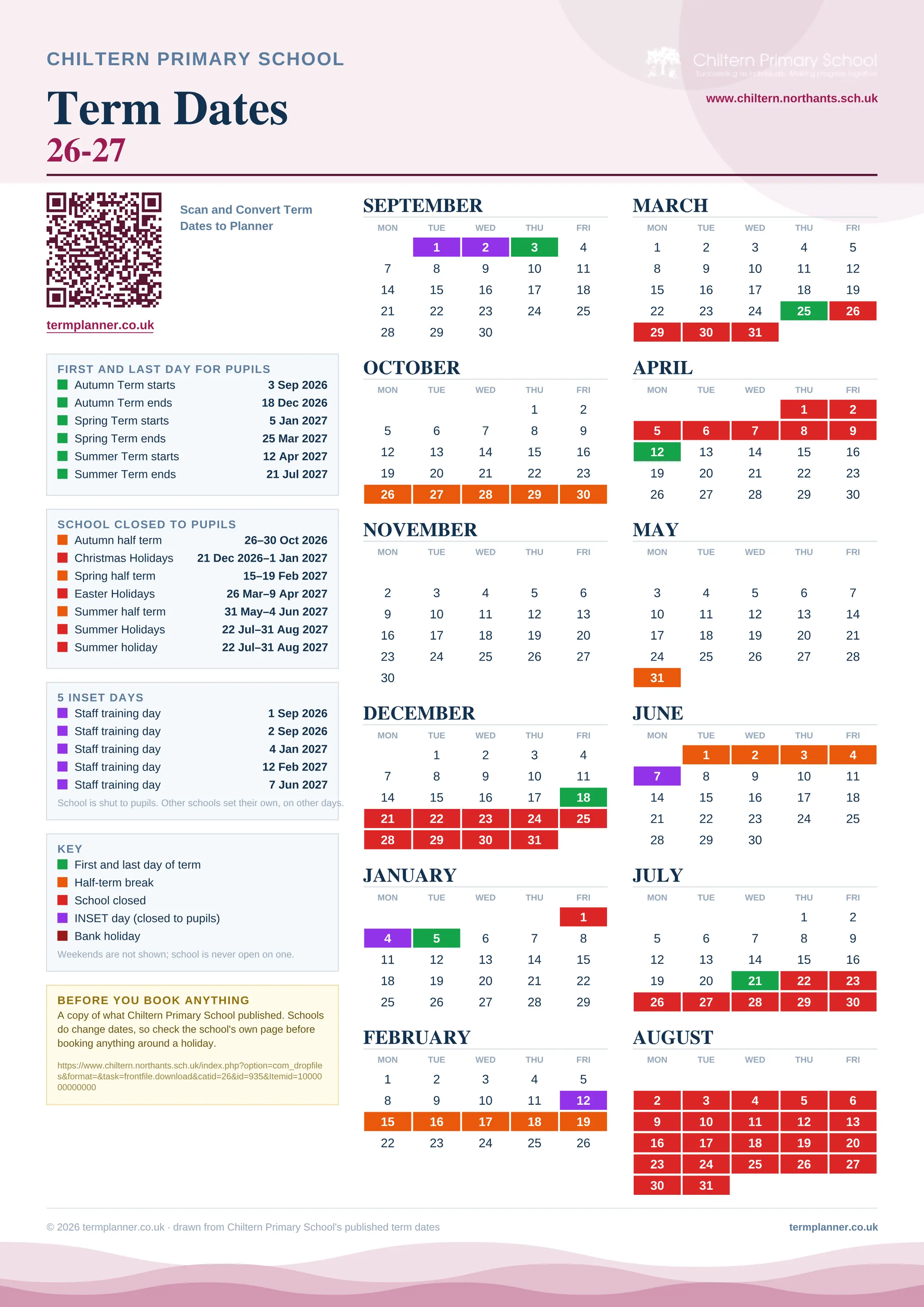 Chiltern Primary School’s 2026/27 school year drawn as one sheet: twelve month grids from September to August, Monday to Friday, with autumn term 3 September to 18 December 2026, spring term 5 January to 25 March 2027, summer term 12 April to 21 July 2027. Half terms, holidays and bank holidays are filled in colour, the first and last day of each term is marked, 5 INSET days are picked out, and every date is listed again in words down the left.